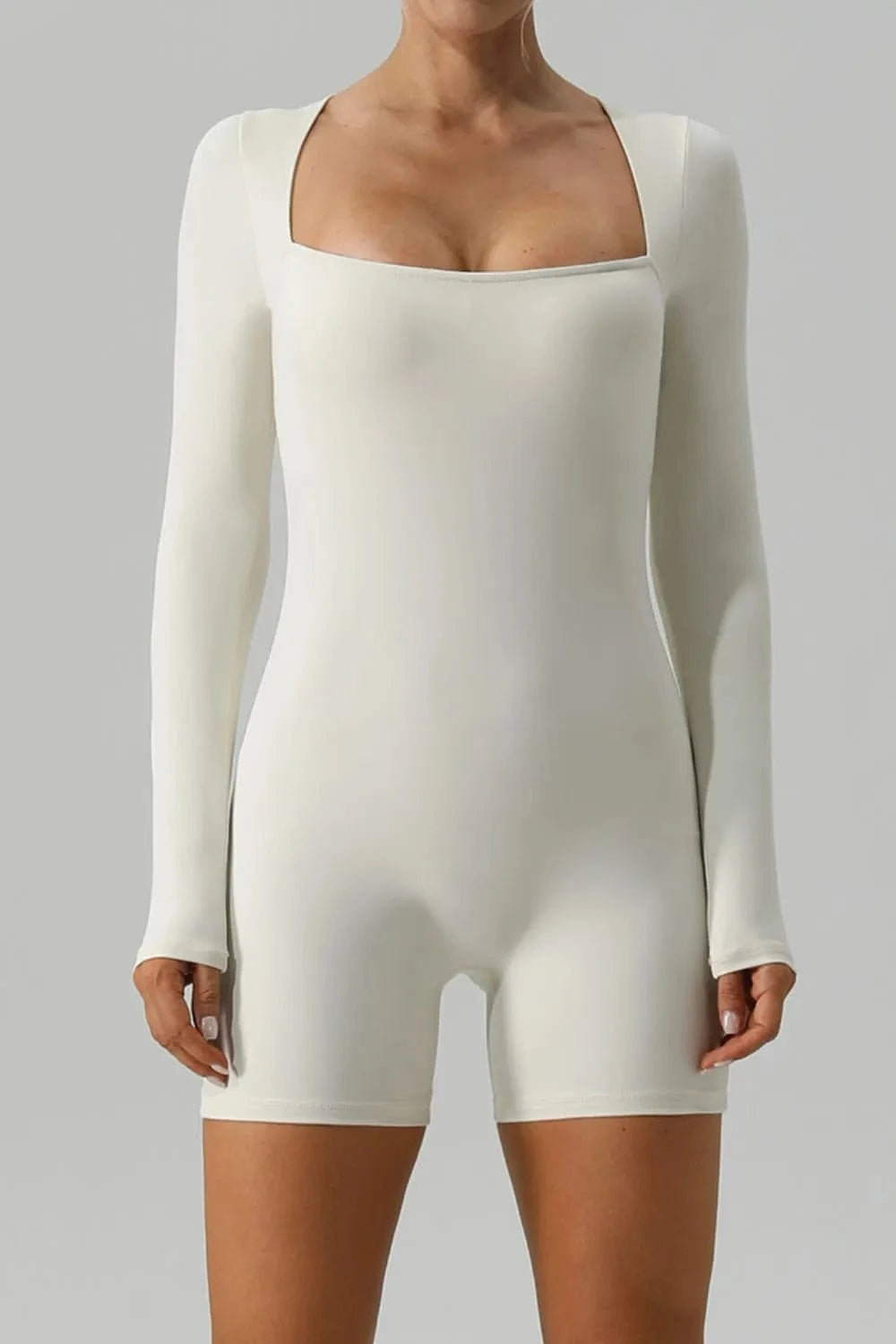 Square Neck Long Sleeve Active Romper - ShalayeFashion