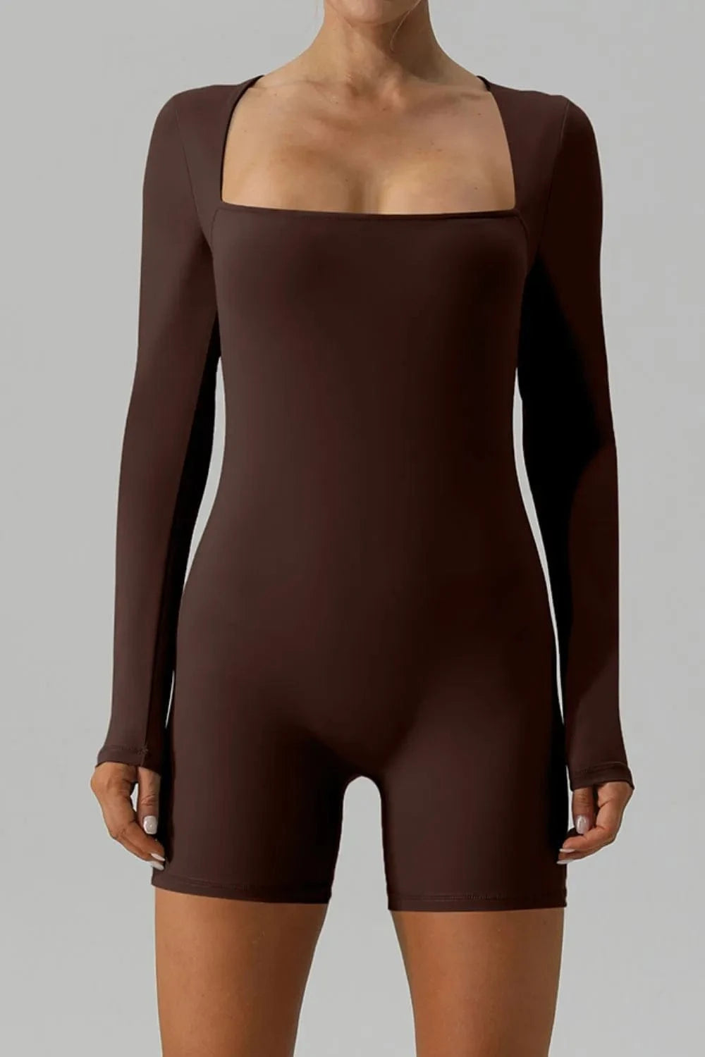 Square Neck Long Sleeve Active Romper - ShalayeFashion
