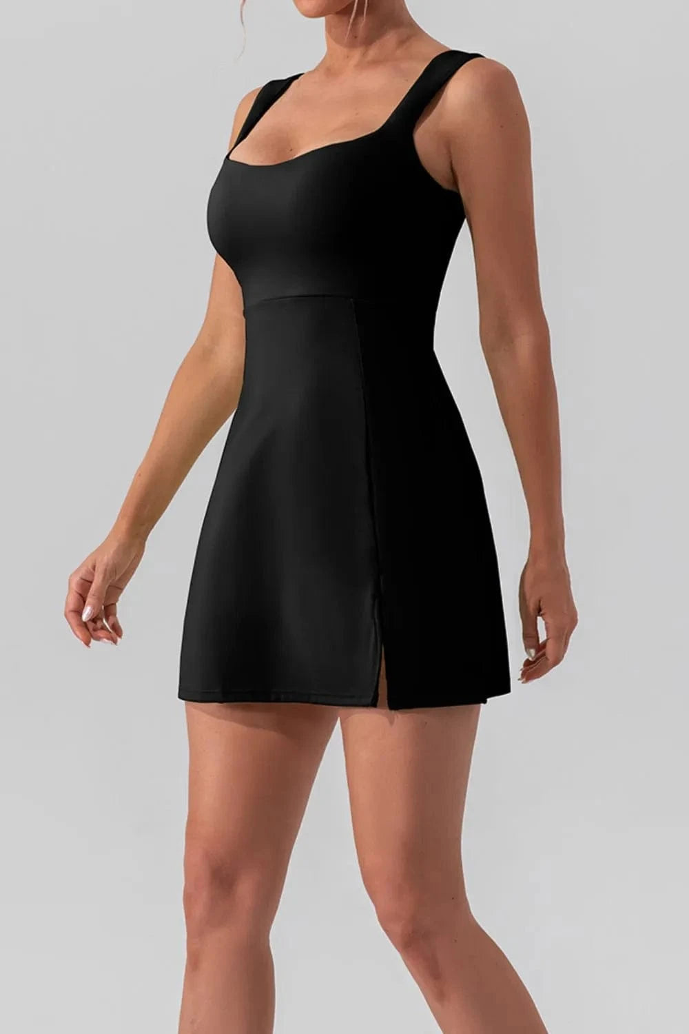 Square Neck Sleeveless Slit Mini Active Dress - ShalayeFashion