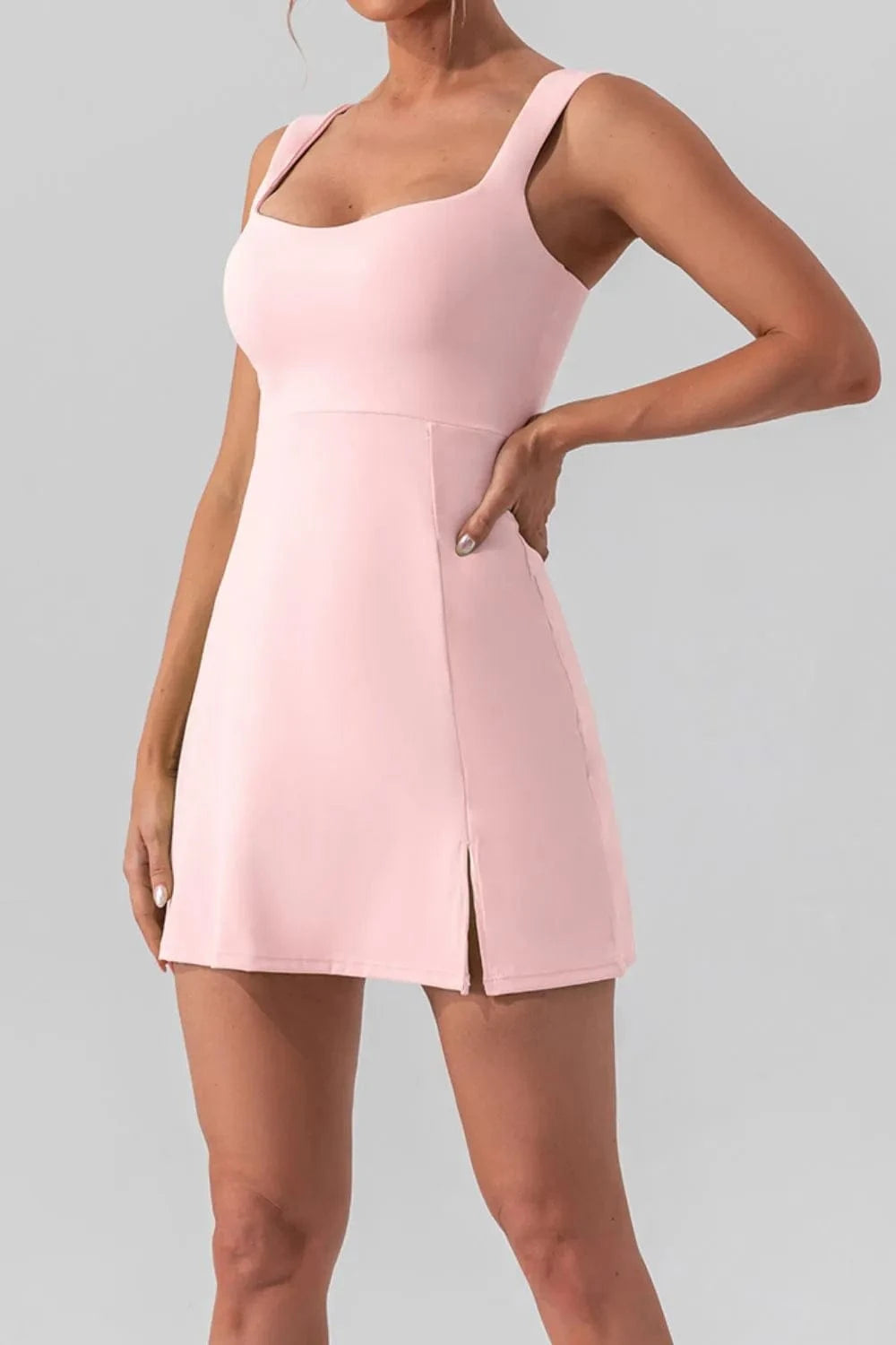Square Neck Sleeveless Slit Mini Active Dress - ShalayeFashion
