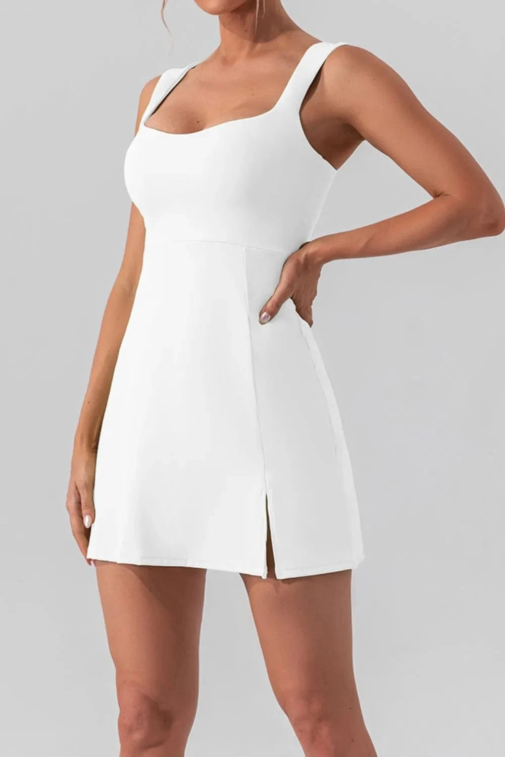 Square Neck Sleeveless Slit Mini Active Dress - ShalayeFashion
