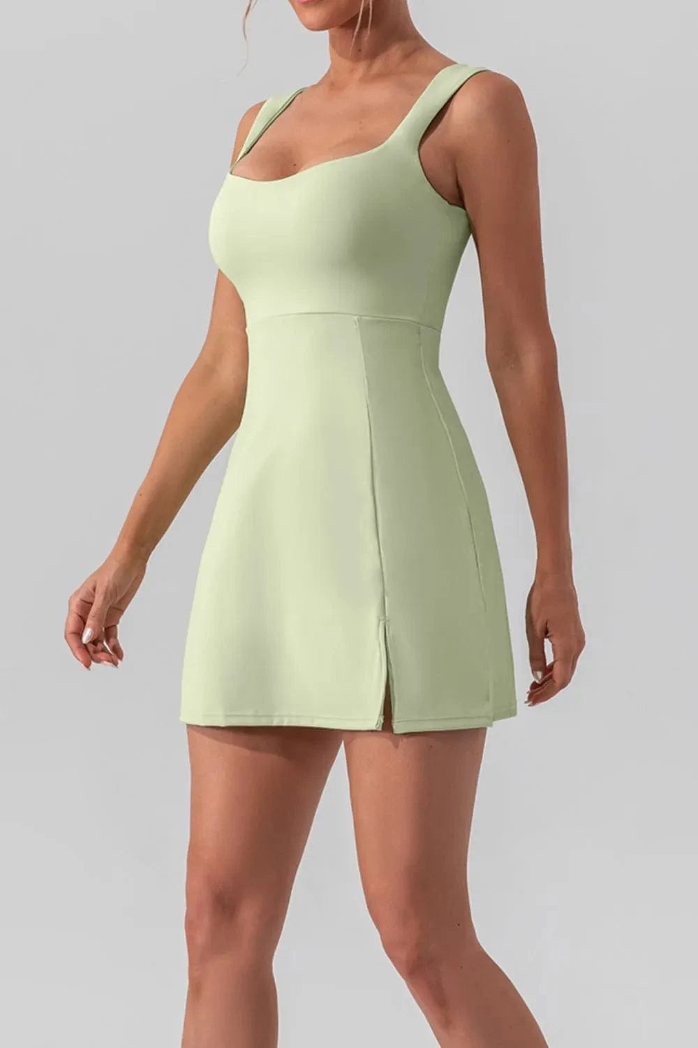 Square Neck Sleeveless Slit Mini Active Dress - ShalayeFashion