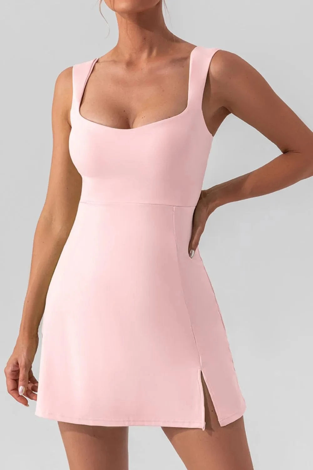 Square Neck Sleeveless Slit Mini Active Dress - ShalayeFashion
