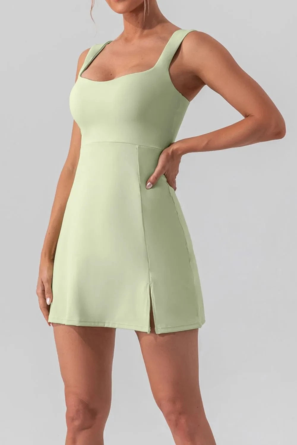 Square Neck Sleeveless Slit Mini Active Dress - ShalayeFashion