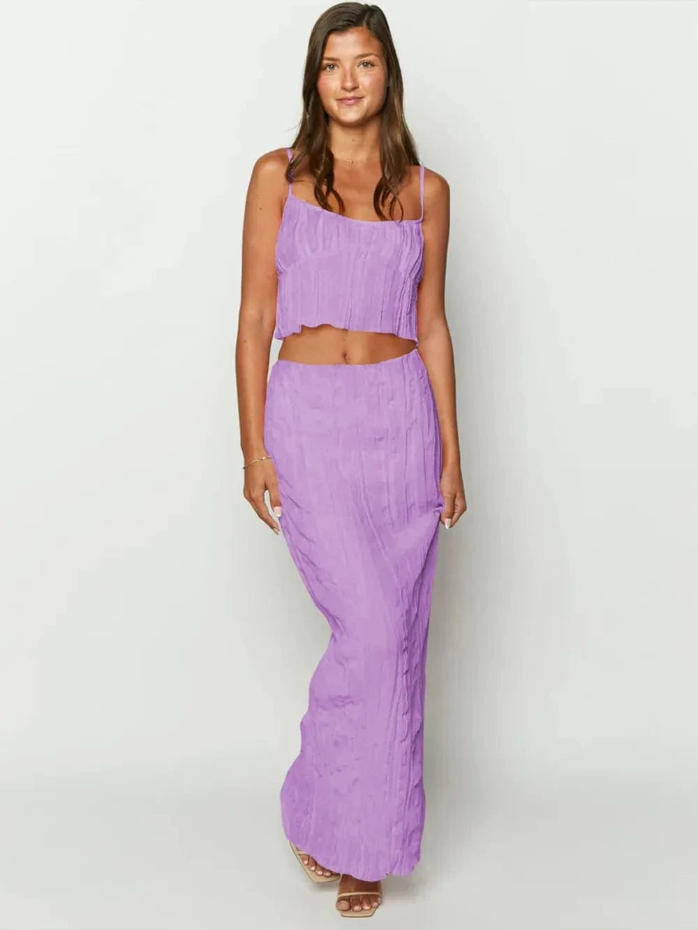 Square Neck Sleeveless Top and Ruched Skirt Set - ShalayeFashion