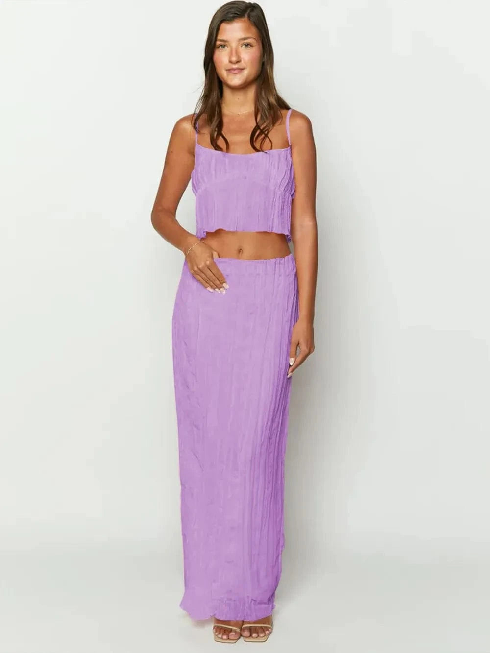 Square Neck Sleeveless Top and Ruched Skirt Set - ShalayeFashion