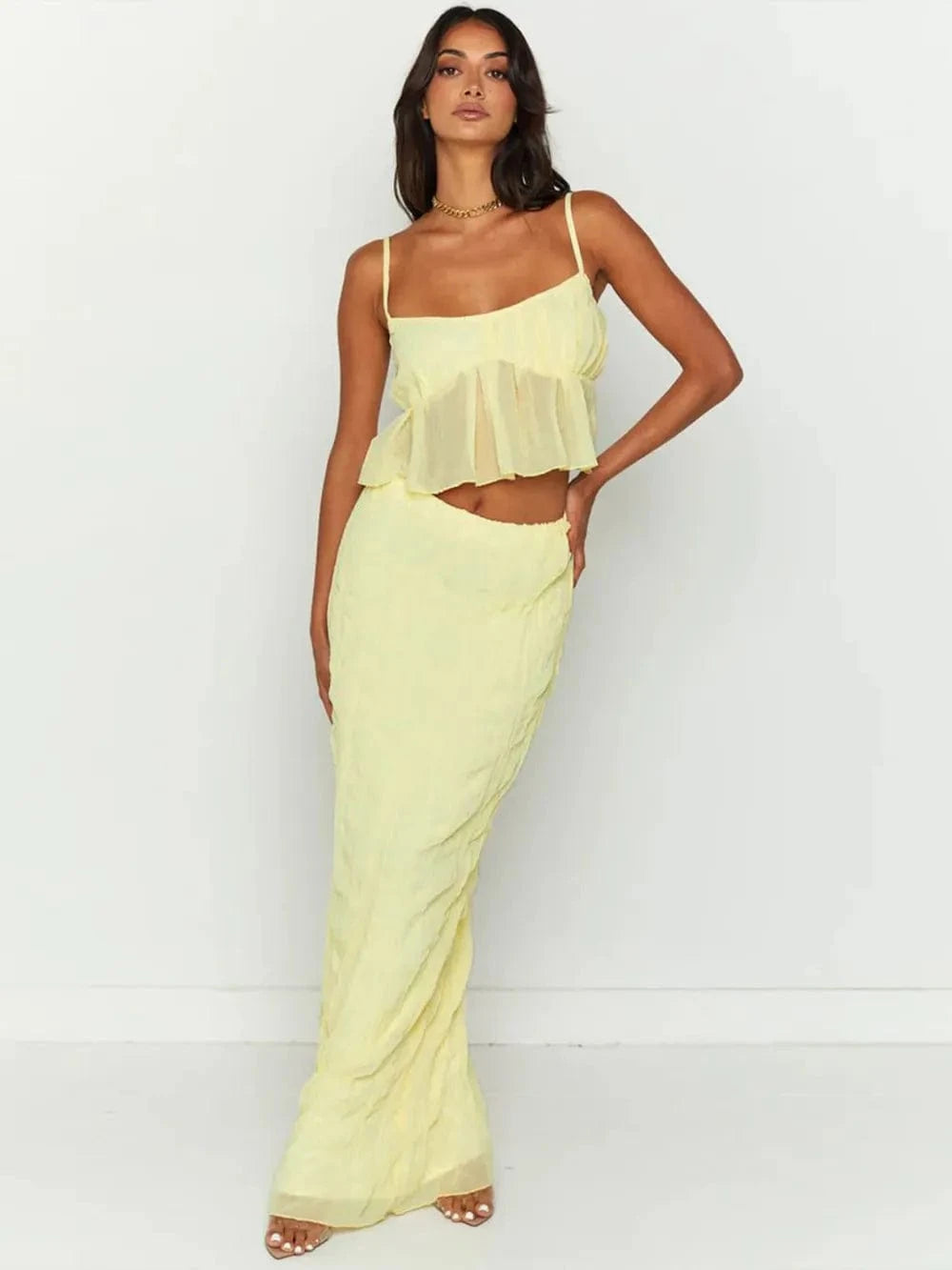 Square Neck Sleeveless Top and Ruched Skirt Set - ShalayeFashion