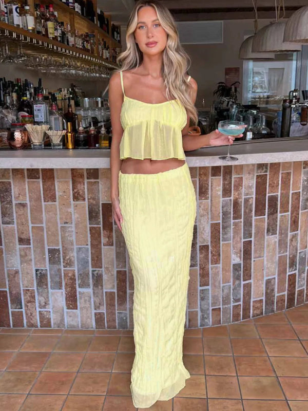 Square Neck Sleeveless Top and Ruched Skirt Set - ShalayeFashion