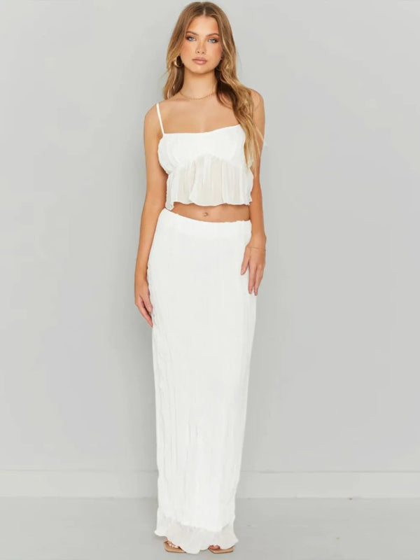 Square Neck Sleeveless Top and Ruched Skirt Set - ShalayeFashion