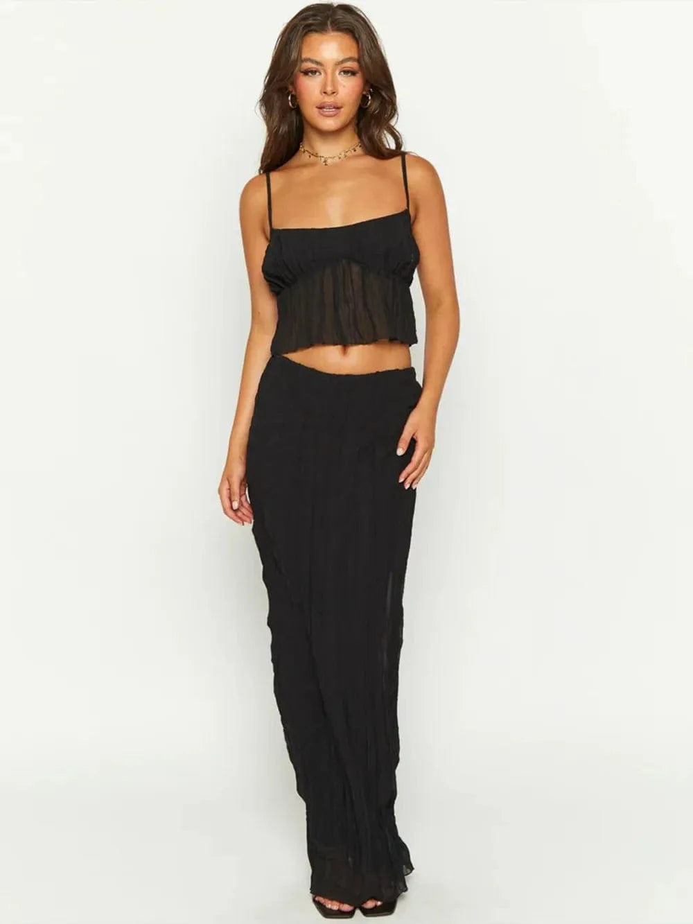 Square Neck Sleeveless Top and Ruched Skirt Set - ShalayeFashion