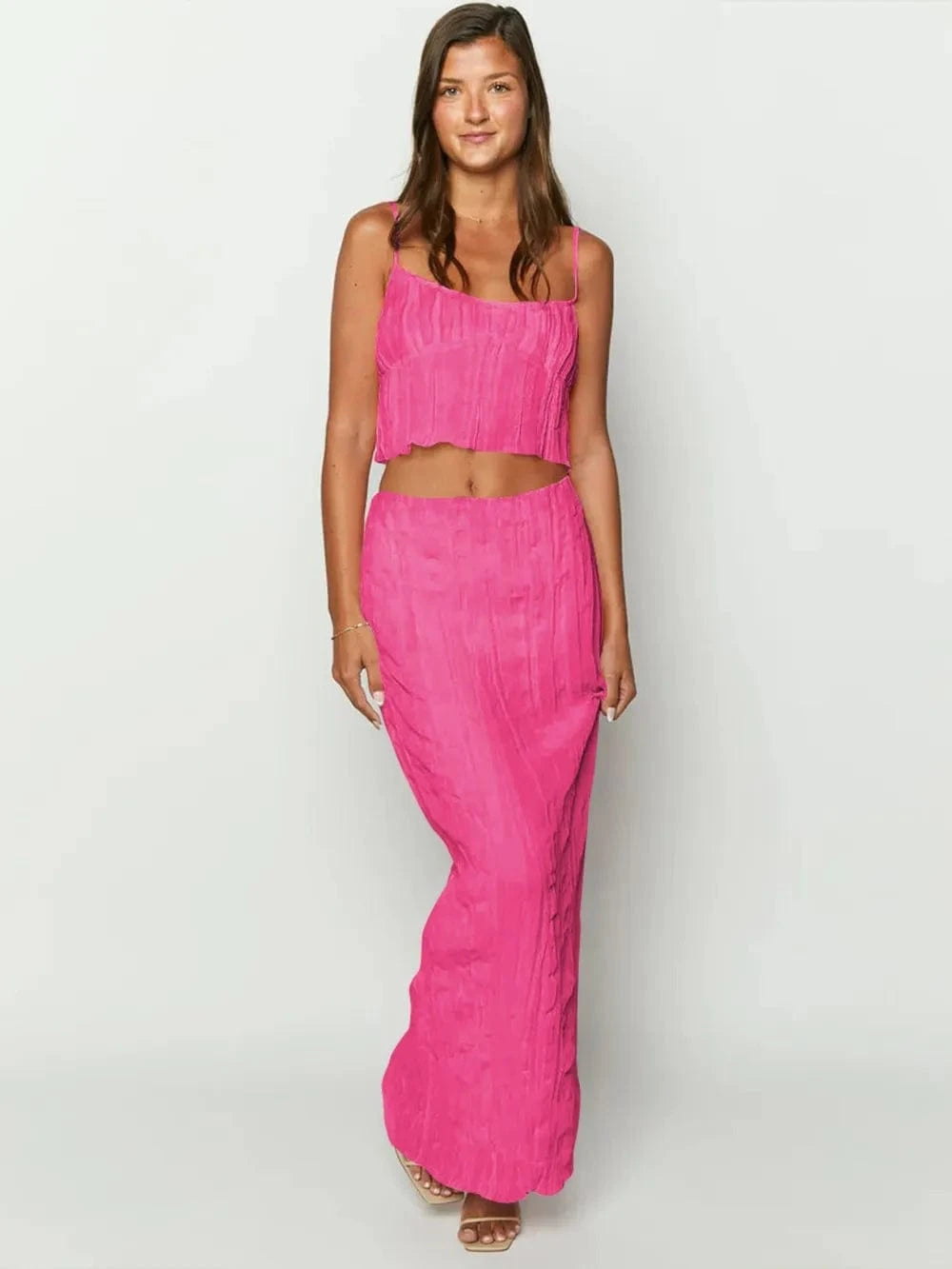 Square Neck Sleeveless Top and Ruched Skirt Set - ShalayeFashion