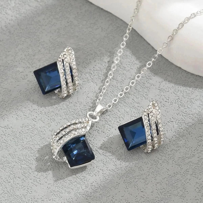Stainless Steel Crystal Geometric Earrings and Necklace Jewelry Set - ShalayeFashion
