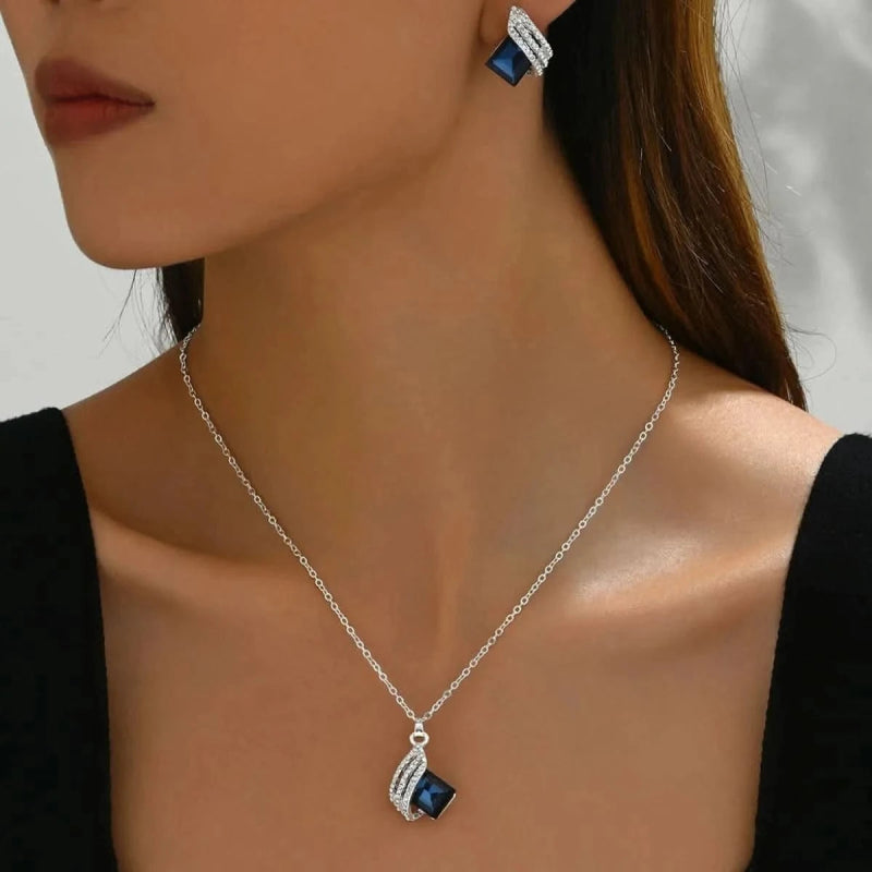 Stainless Steel Crystal Geometric Earrings and Necklace Jewelry Set - ShalayeFashion
