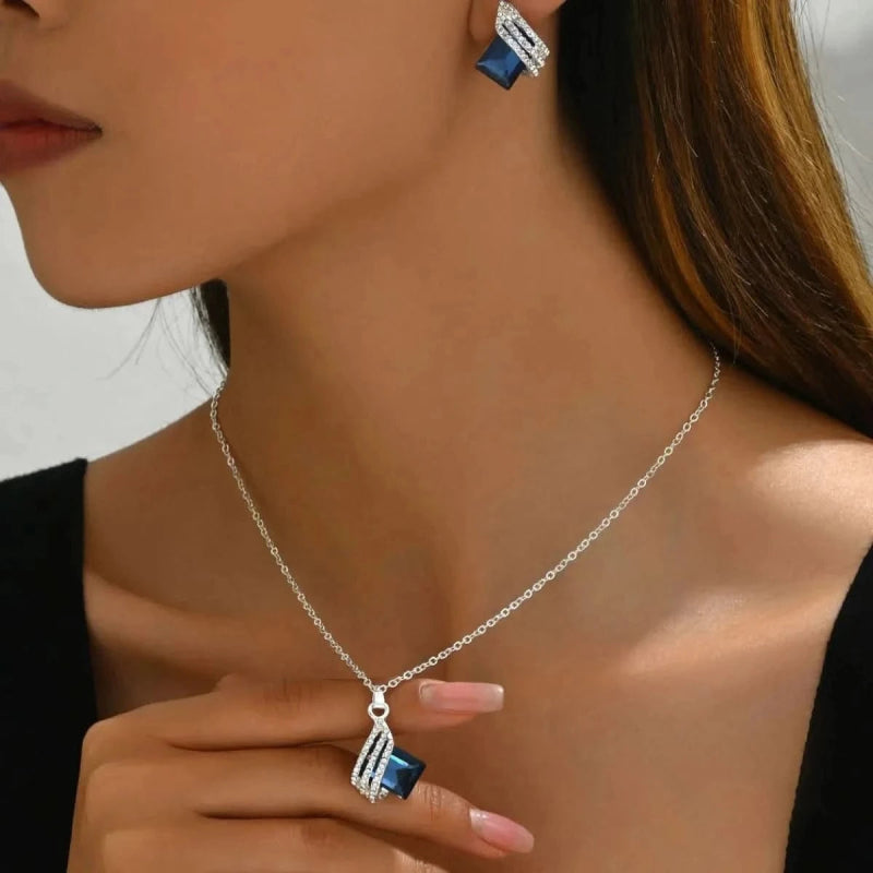 Stainless Steel Crystal Geometric Earrings and Necklace Jewelry Set - ShalayeFashion