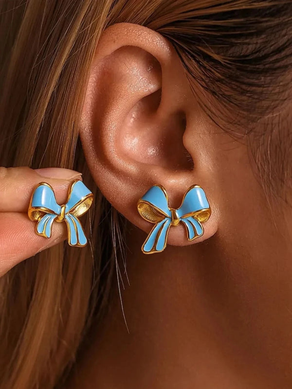 Stainless Steel Oil Drip Bow Stud Earrings - ShalayeFashion