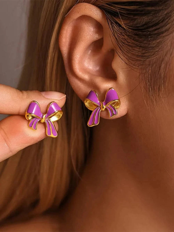 Stainless Steel Oil Drip Bow Stud Earrings - ShalayeFashion