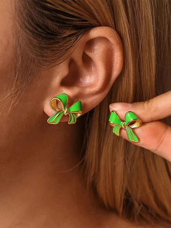 Stainless Steel Oil Drip Bow Stud Earrings - ShalayeFashion