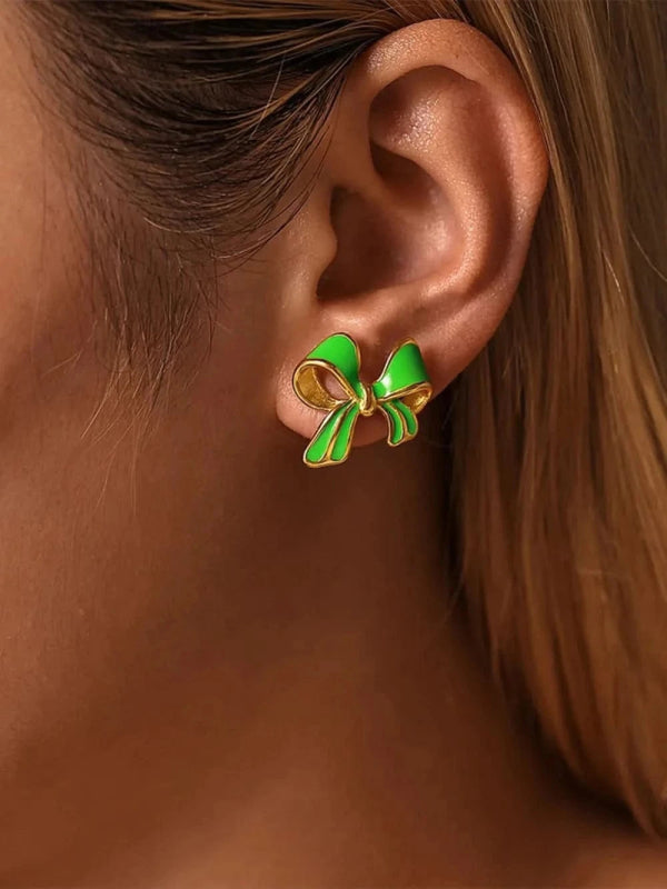 Stainless Steel Oil Drip Bow Stud Earrings - ShalayeFashion