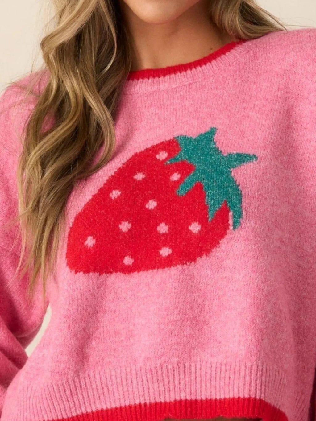 Strawberry Round Neck Long Sleeve Sweater - ShalayeFashion