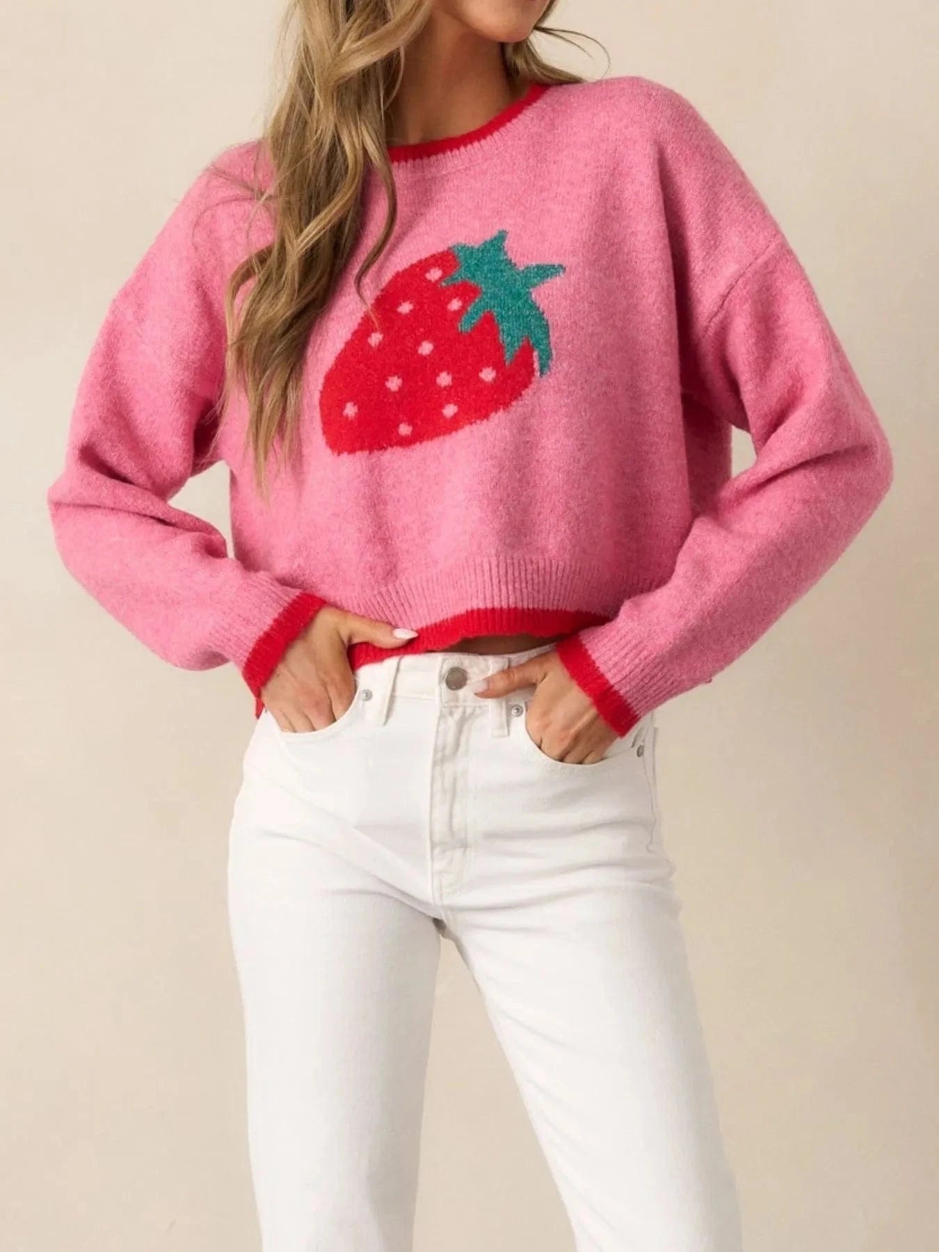 Strawberry Round Neck Long Sleeve Sweater - ShalayeFashion