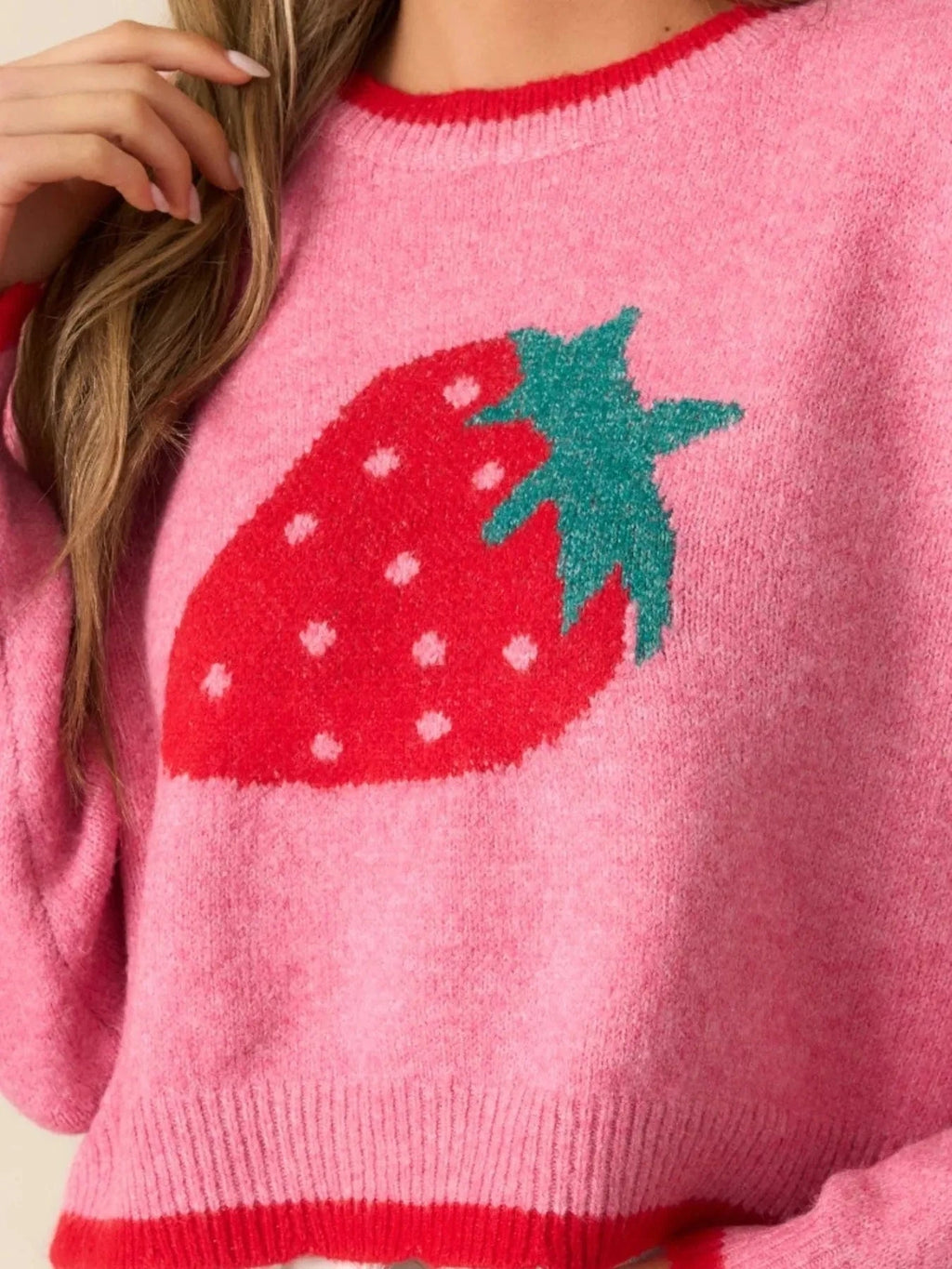 Strawberry Round Neck Long Sleeve Sweater - ShalayeFashion