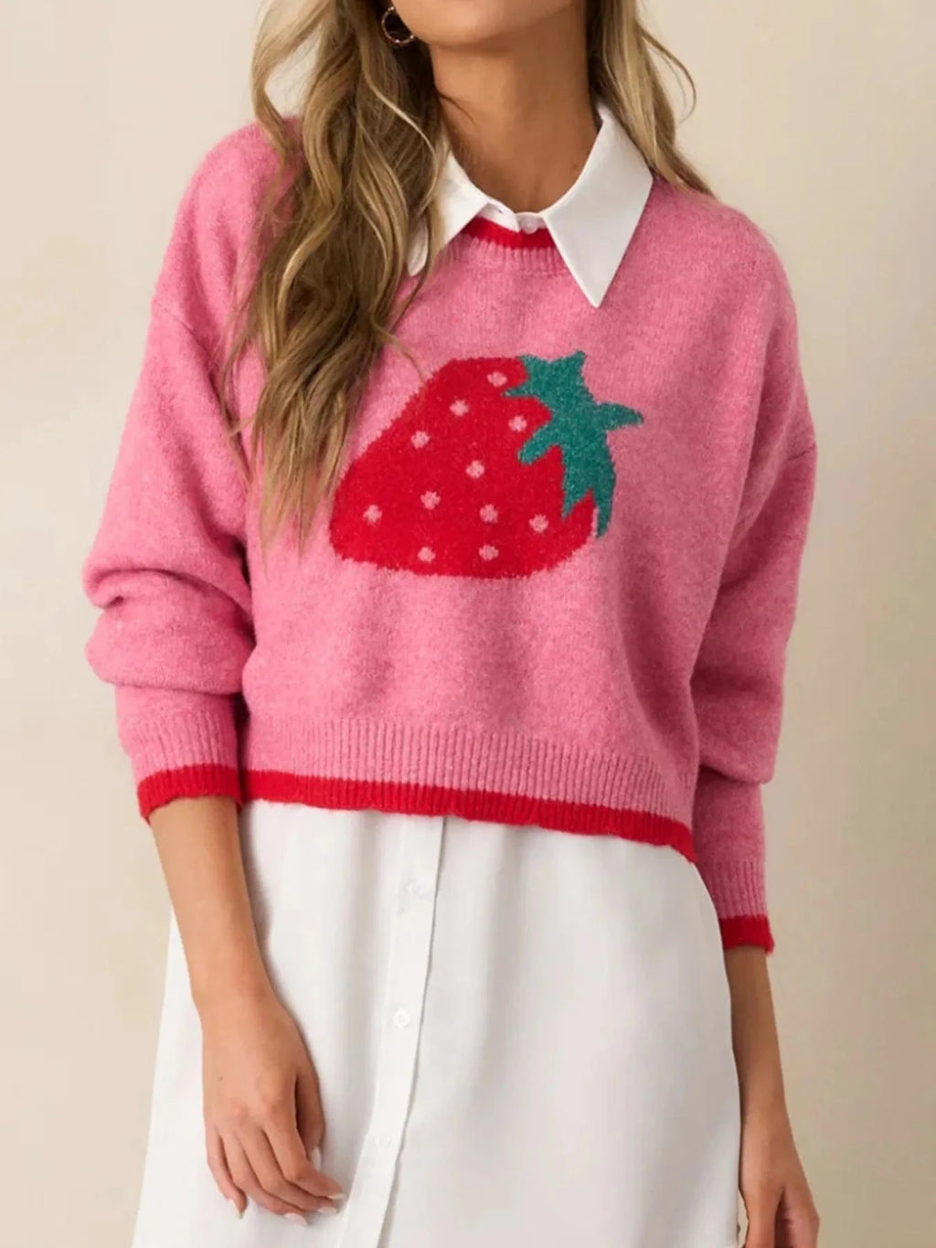 Strawberry Round Neck Long Sleeve Sweater - ShalayeFashion