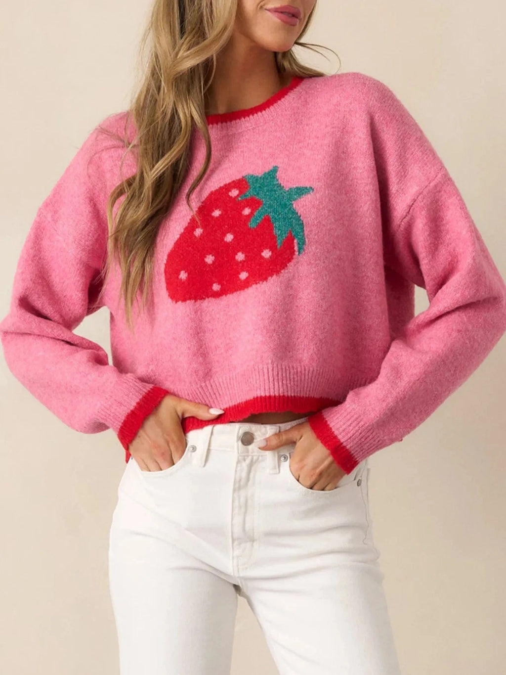 Strawberry Round Neck Long Sleeve Sweater - ShalayeFashion