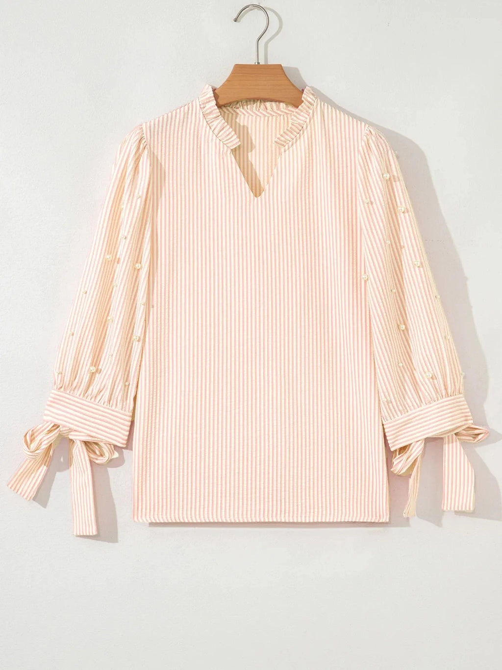 Stripe Bow Knot Cuff Pearl Embellished Puff Sleeve V Neck Blouse - ShalayeFashion