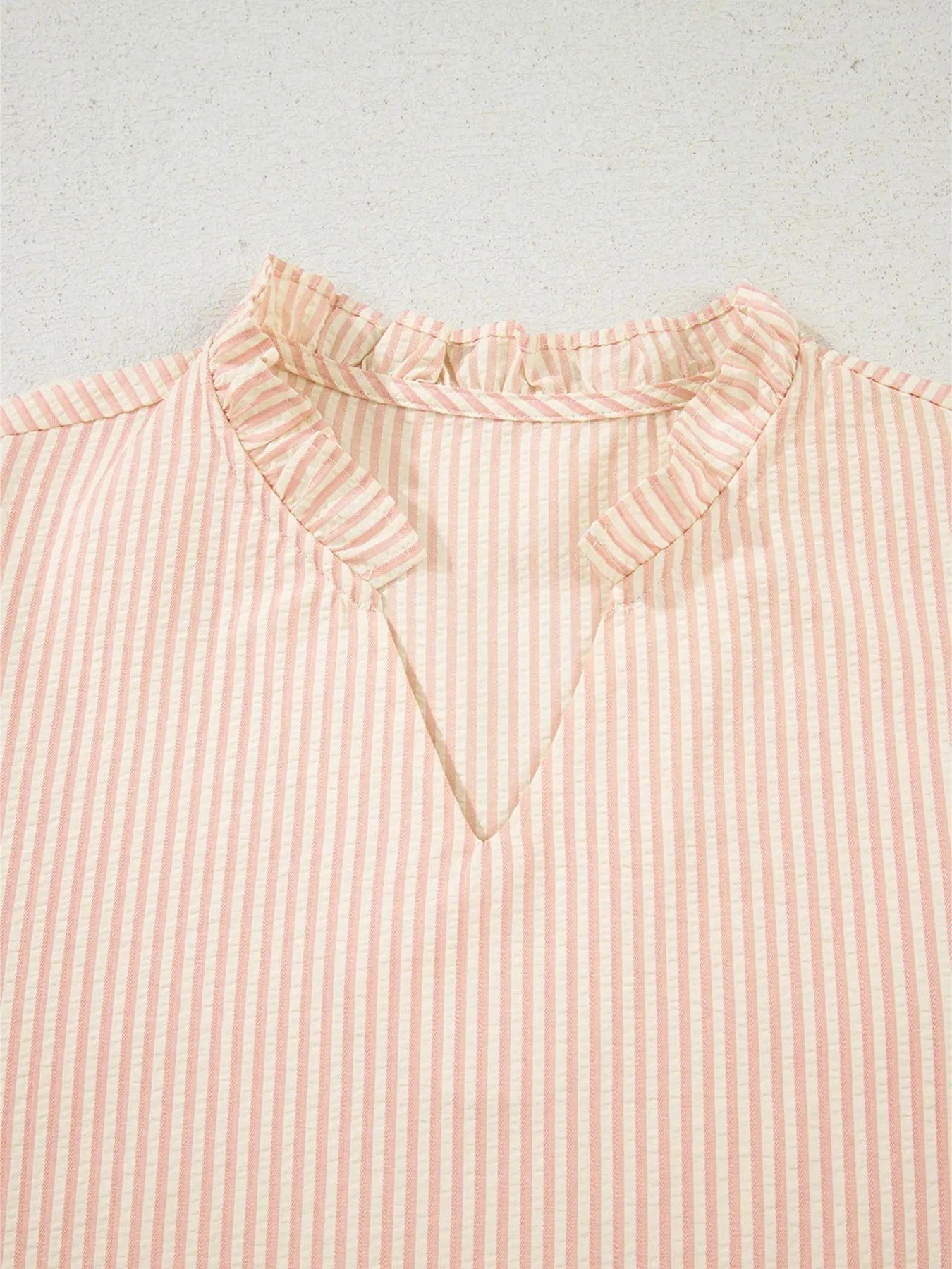 Stripe Bow Knot Cuff Pearl Embellished Puff Sleeve V Neck Blouse - ShalayeFashion