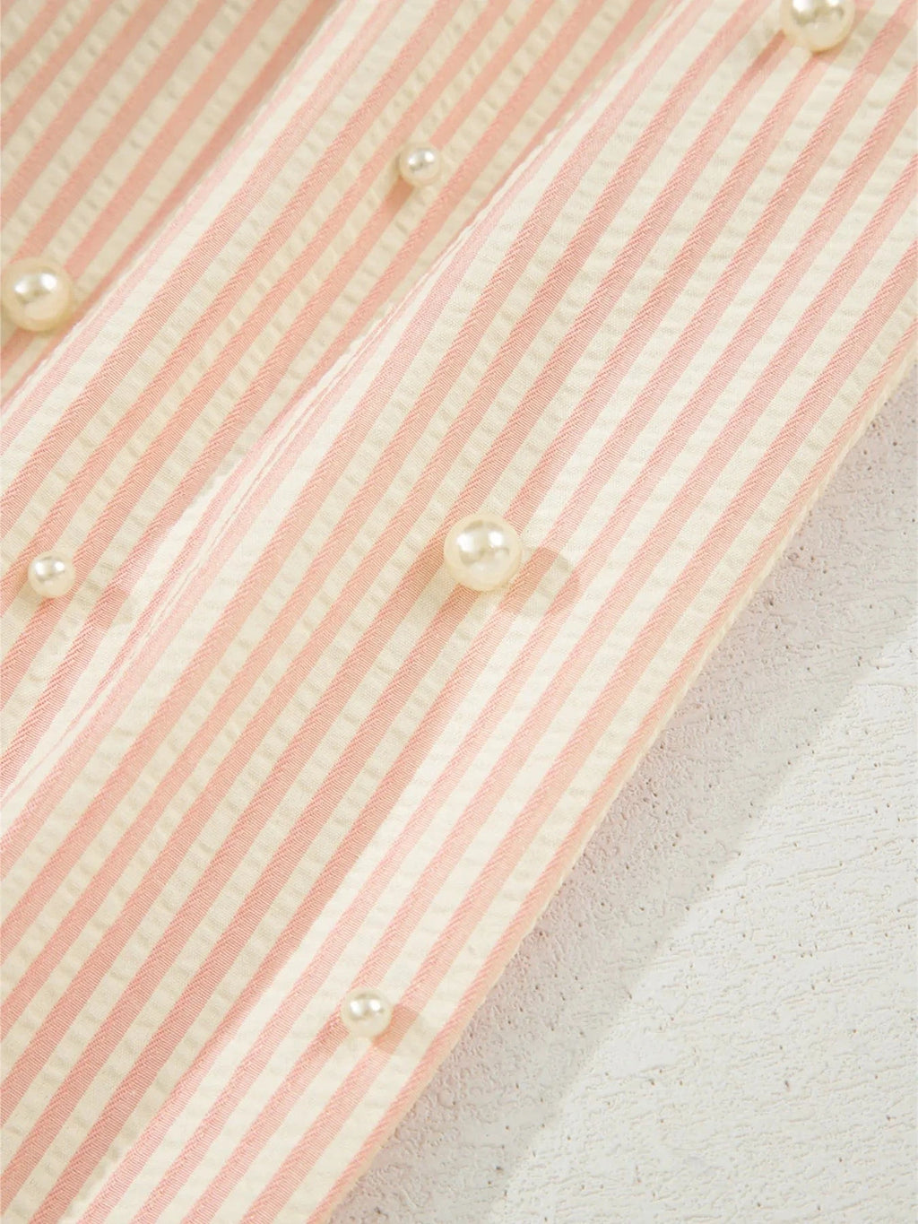 Stripe Bow Knot Cuff Pearl Embellished Puff Sleeve V Neck Blouse - ShalayeFashion