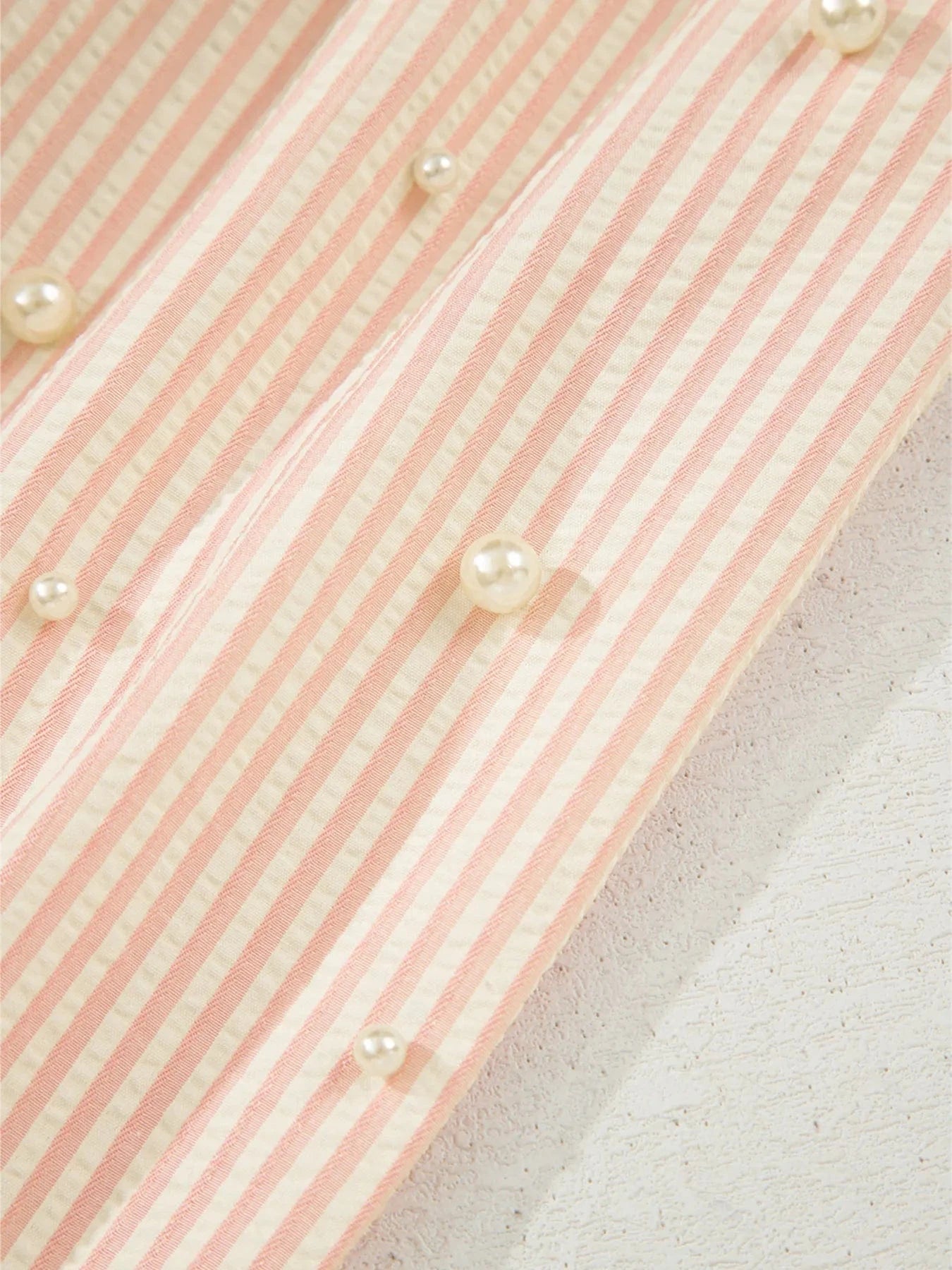 Stripe Bow Knot Cuff Pearl Embellished Puff Sleeve V Neck Blouse - ShalayeFashion