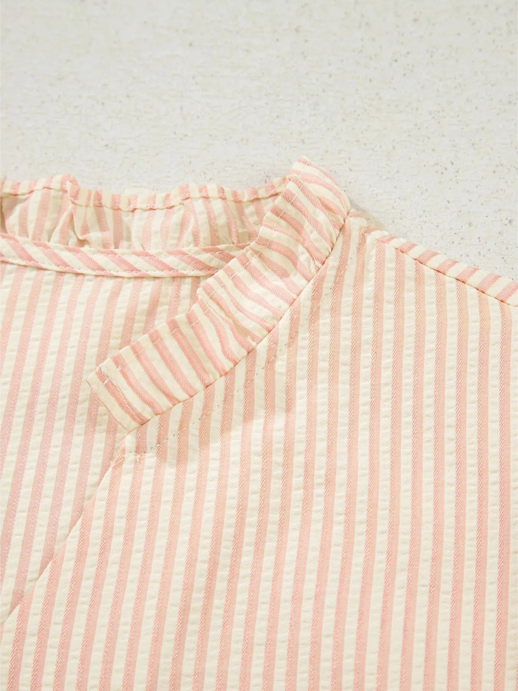Stripe Bow Knot Cuff Pearl Embellished Puff Sleeve V Neck Blouse - ShalayeFashion