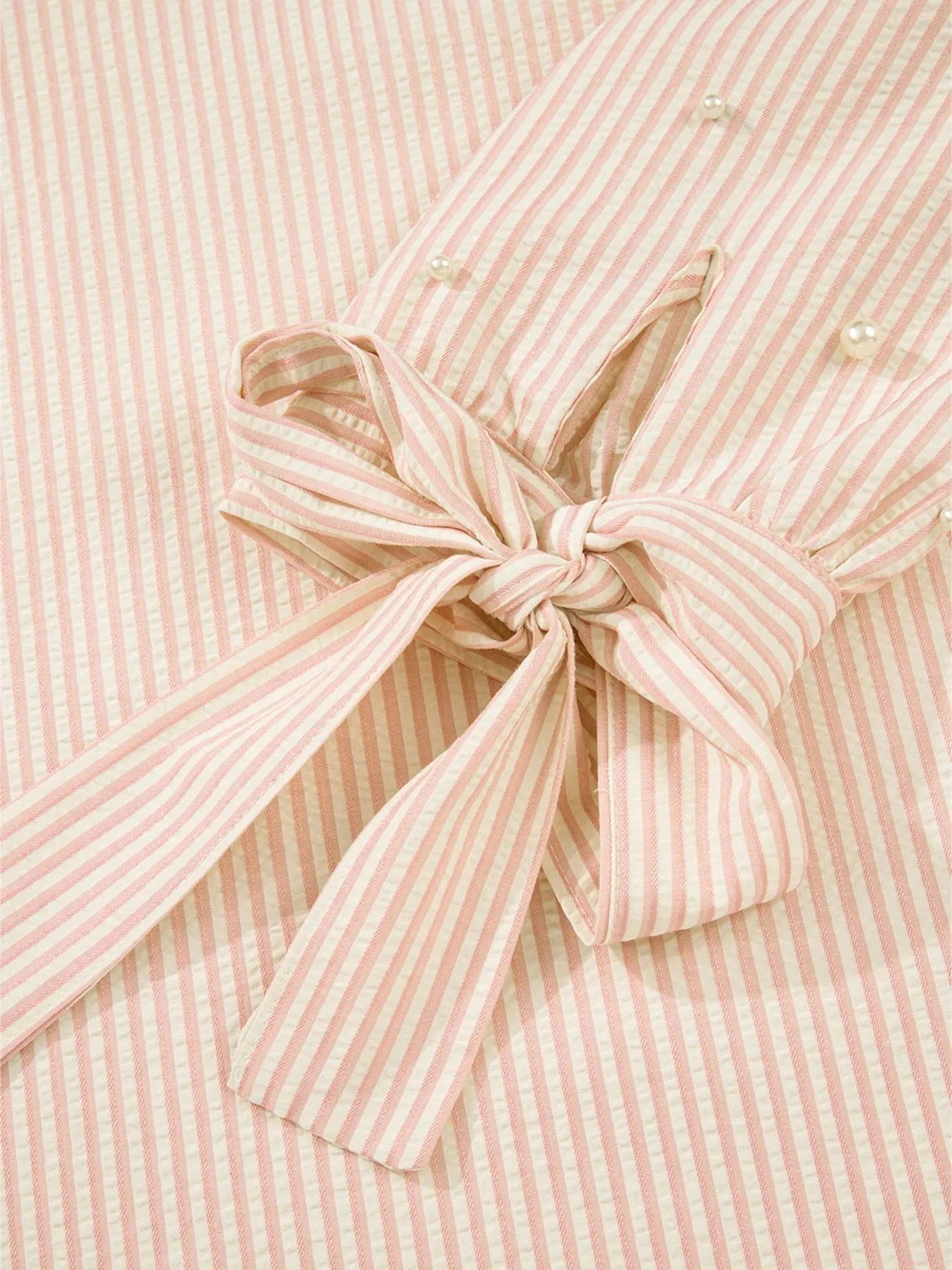 Stripe Bow Knot Cuff Pearl Embellished Puff Sleeve V Neck Blouse - ShalayeFashion