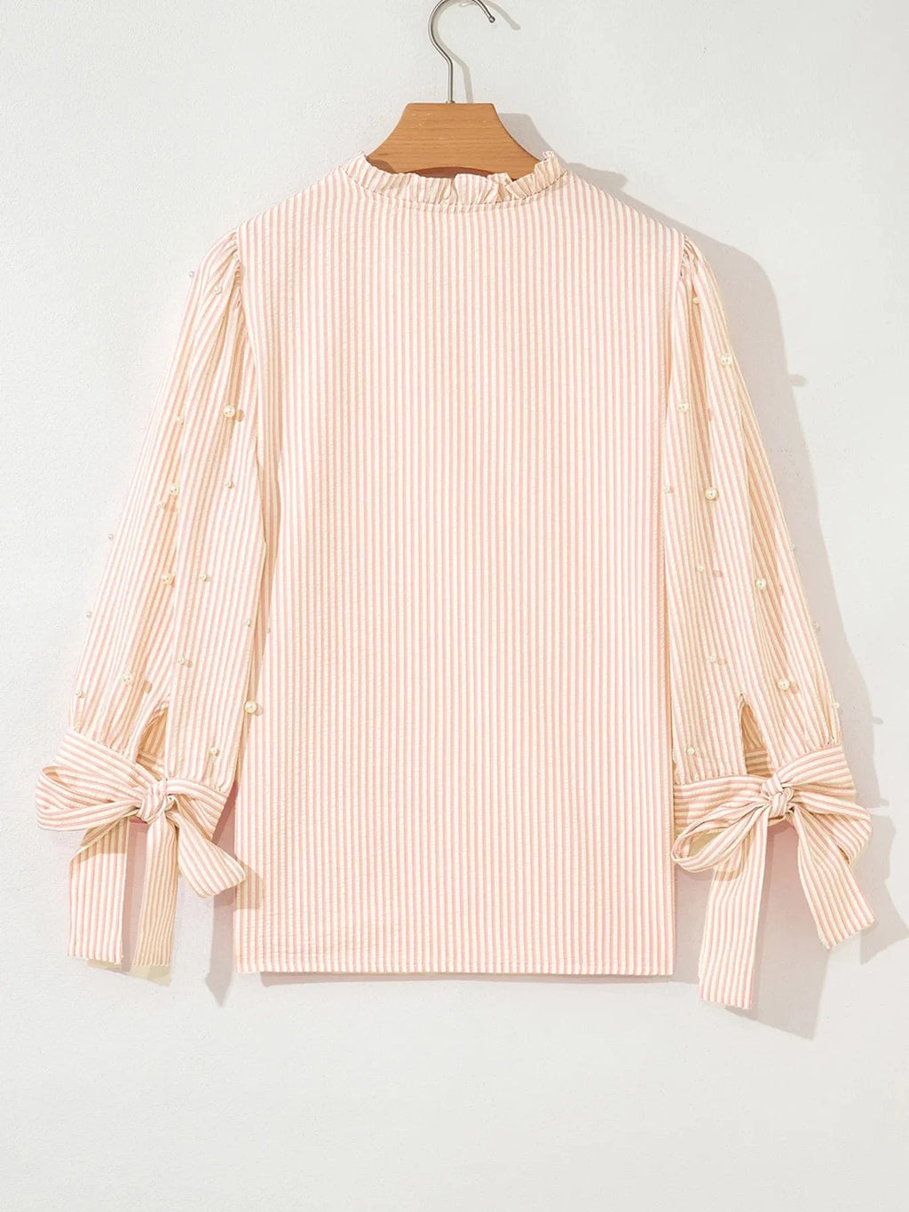 Stripe Bow Knot Cuff Pearl Embellished Puff Sleeve V Neck Blouse - ShalayeFashion