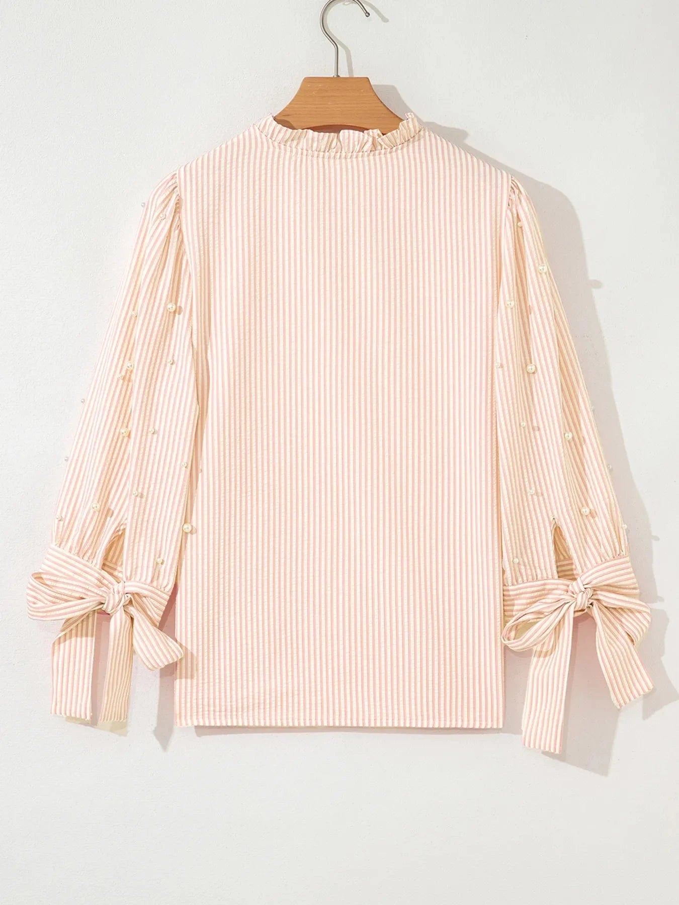 Stripe Bow Knot Cuff Pearl Embellished Puff Sleeve V Neck Blouse - ShalayeFashion