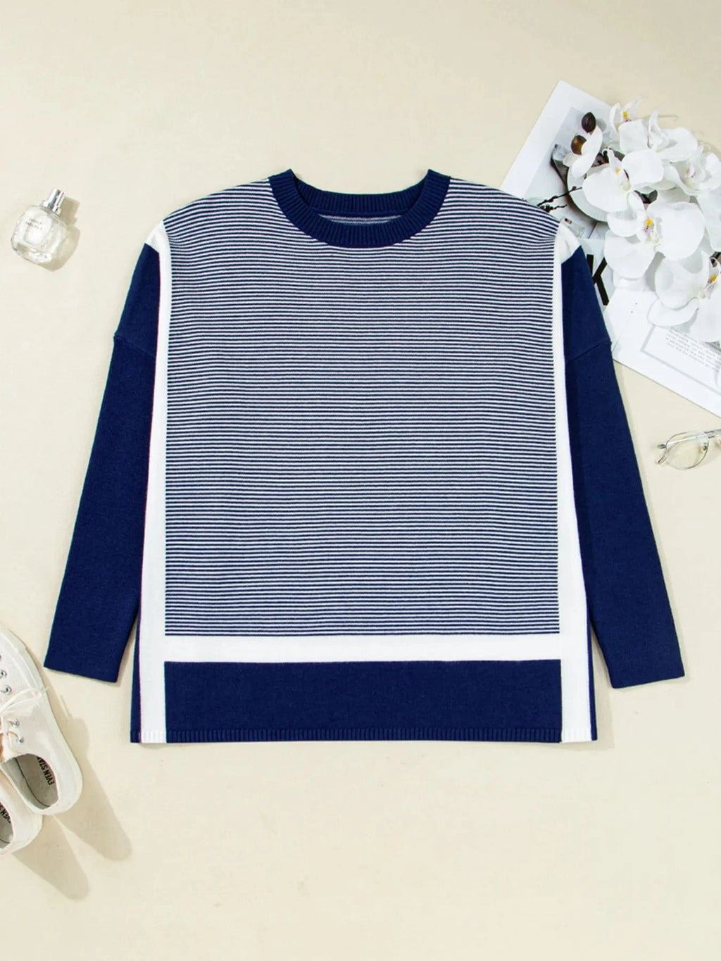 Stripe Dolman Oversize Tunic Sweater - ShalayeFashion