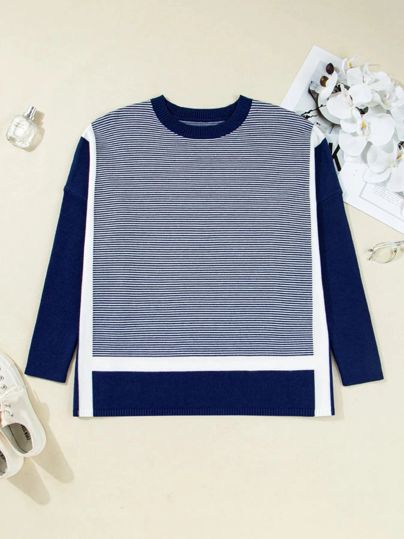 Stripe Dolman Oversize Tunic Sweater - ShalayeFashion