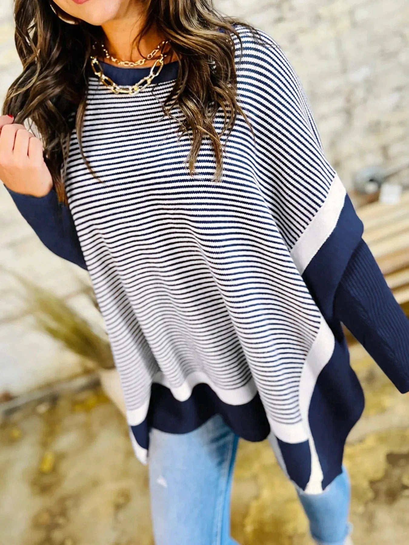 Stripe Dolman Oversize Tunic Sweater - ShalayeFashion