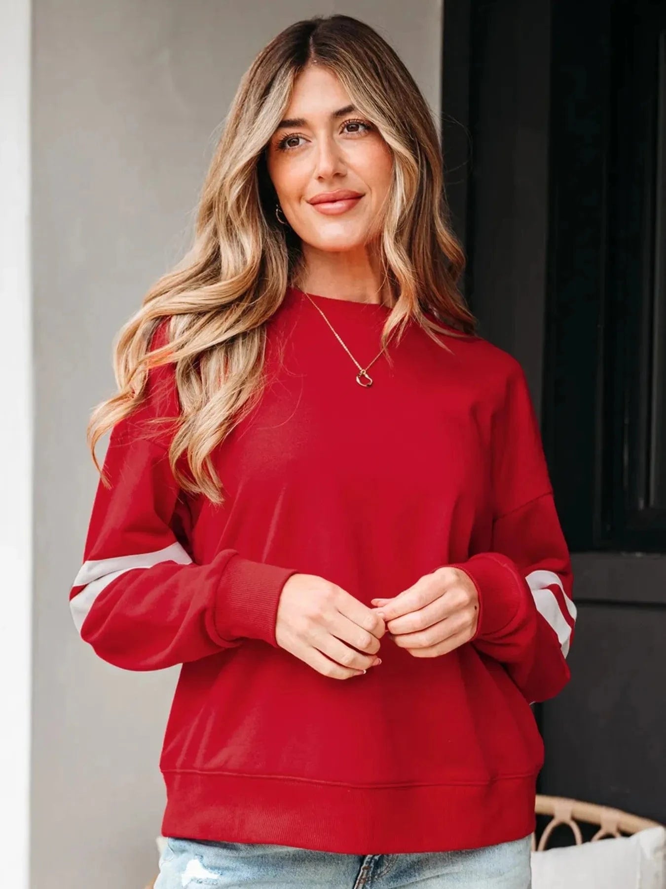 Stripe Round Neck Long Sleeve Sweatshirt - ShalayeFashion