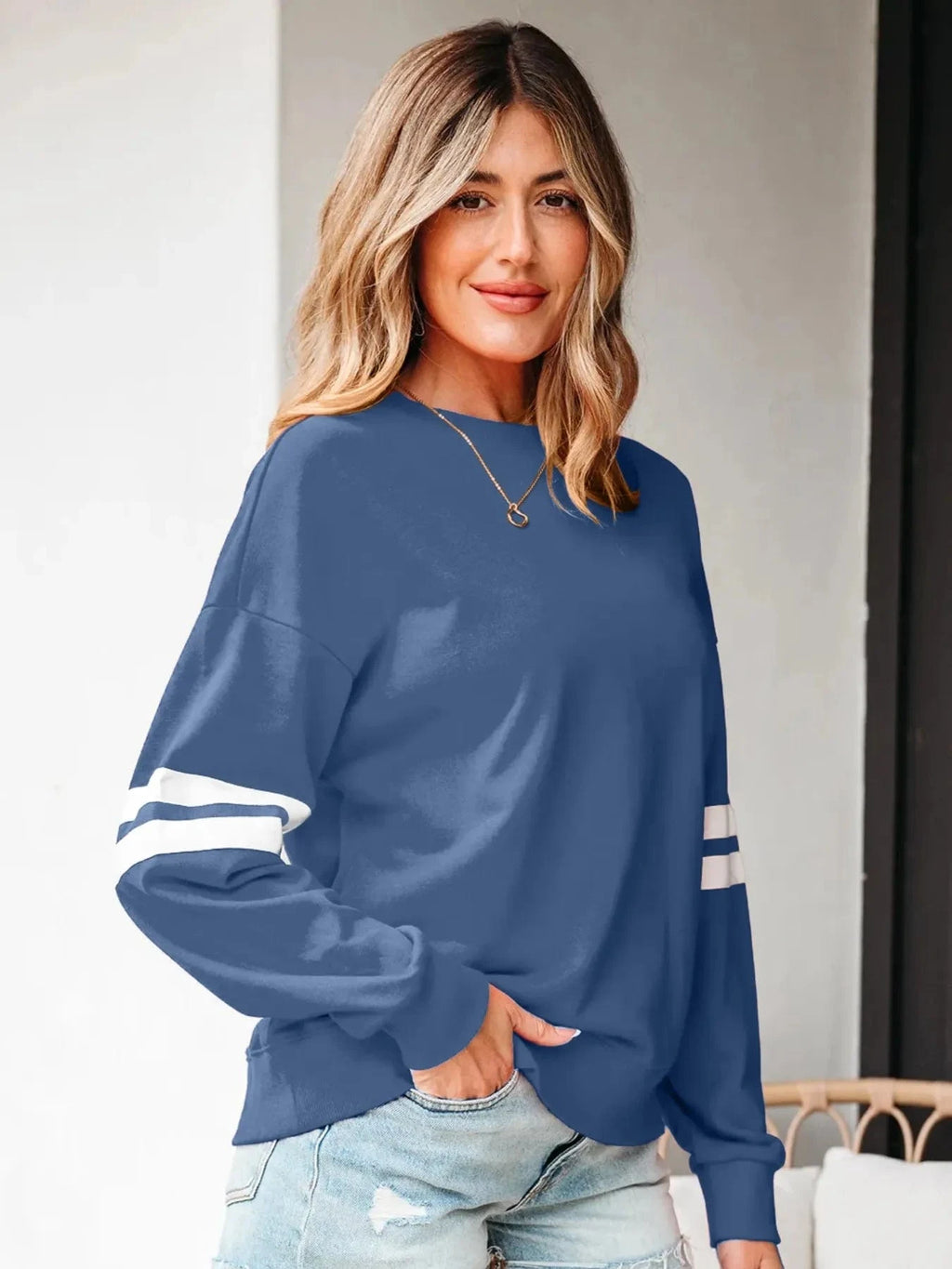 Stripe Round Neck Long Sleeve Sweatshirt - ShalayeFashion
