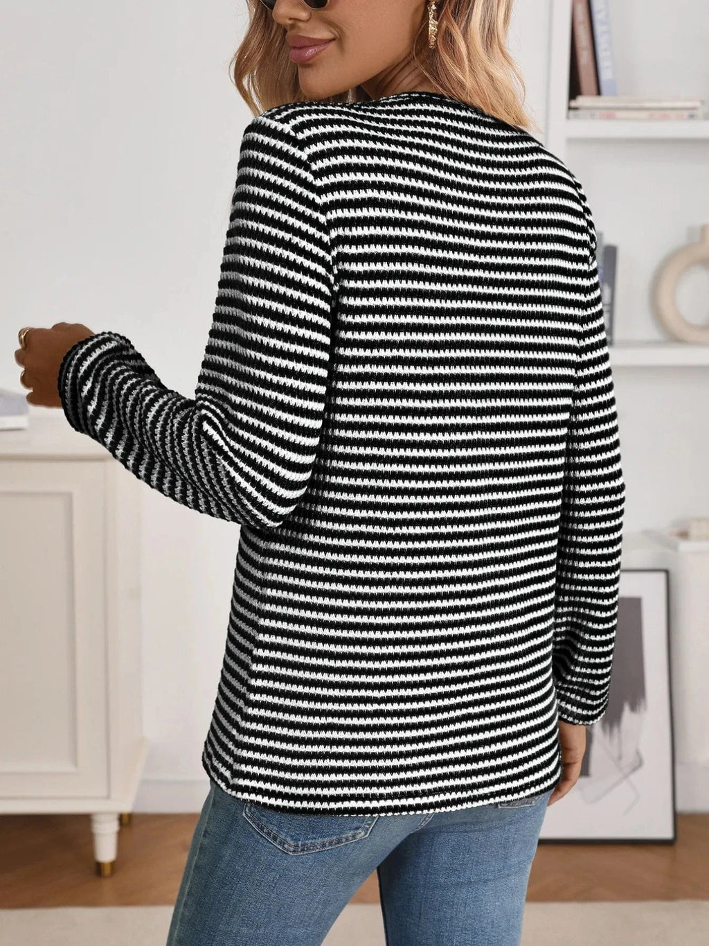 Striped Button Detail Long Sleeve Top - ShalayeFashion