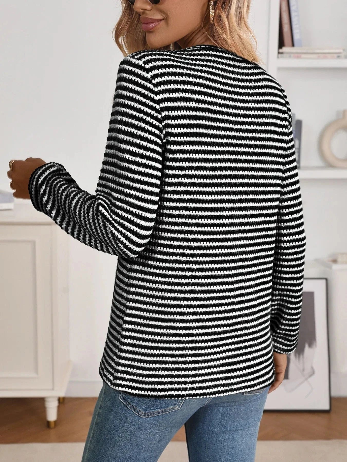 Striped Button Detail Long Sleeve Top - ShalayeFashion