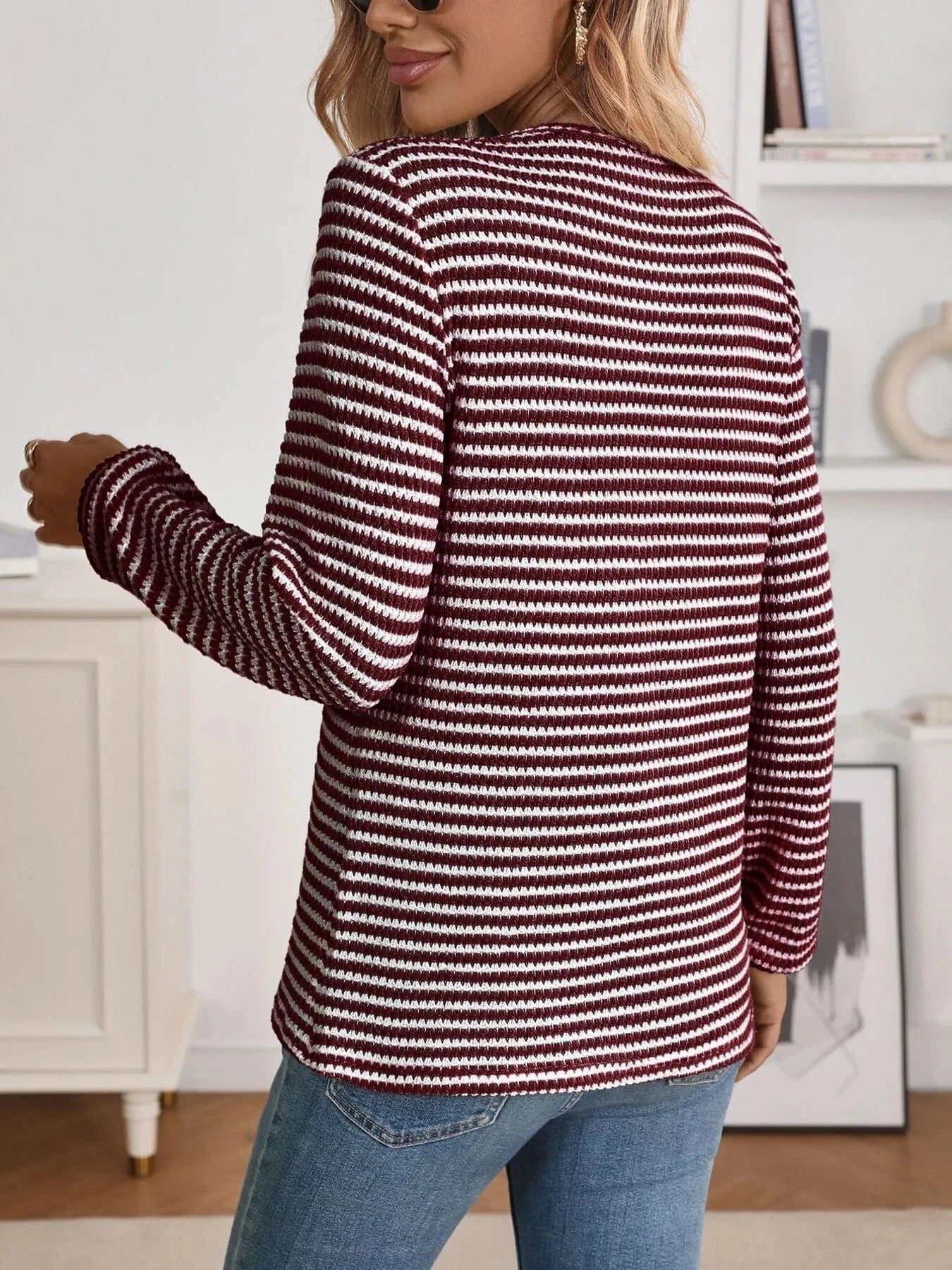 Striped Button Detail Long Sleeve Top - ShalayeFashion
