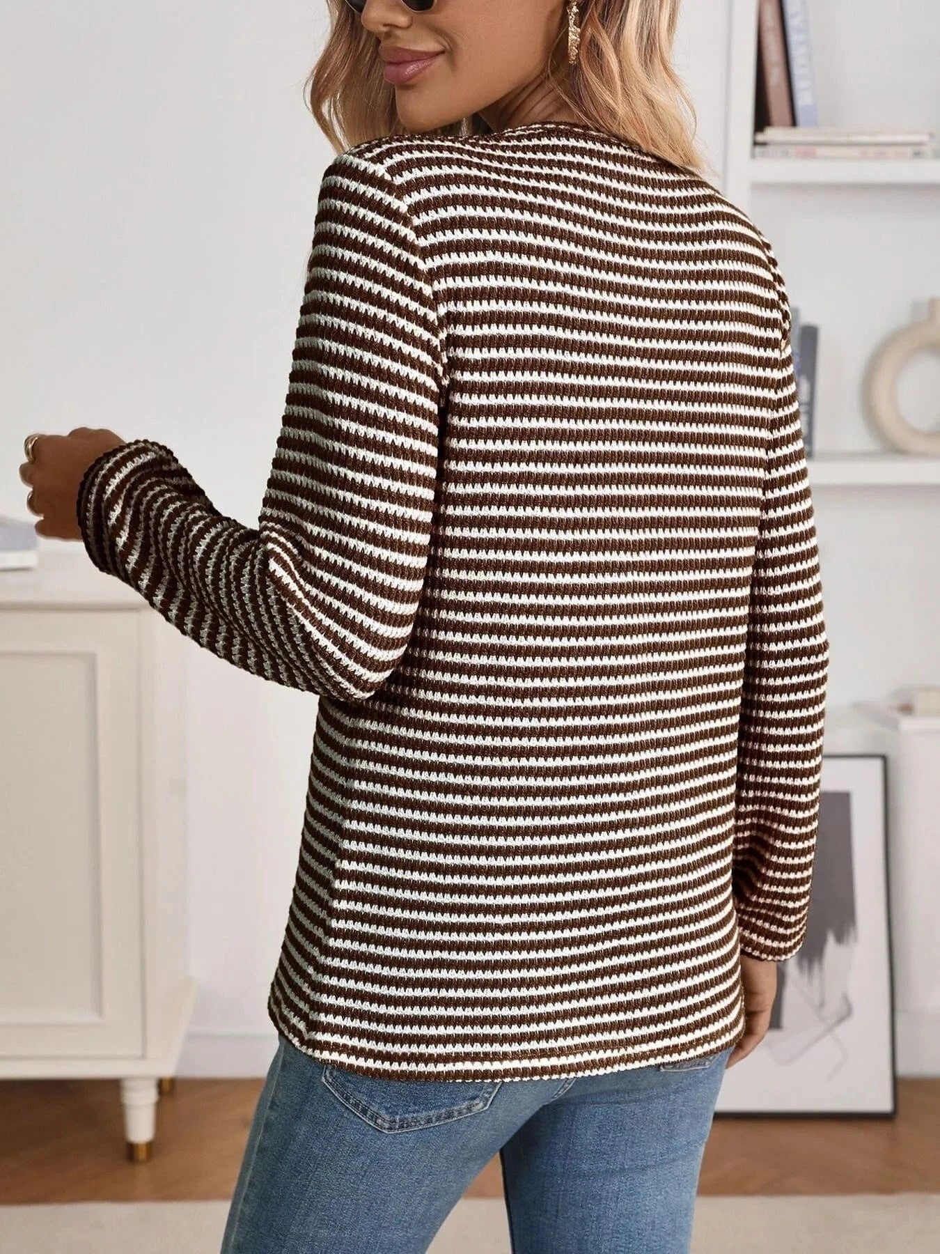 Striped Button Detail Long Sleeve Top - ShalayeFashion