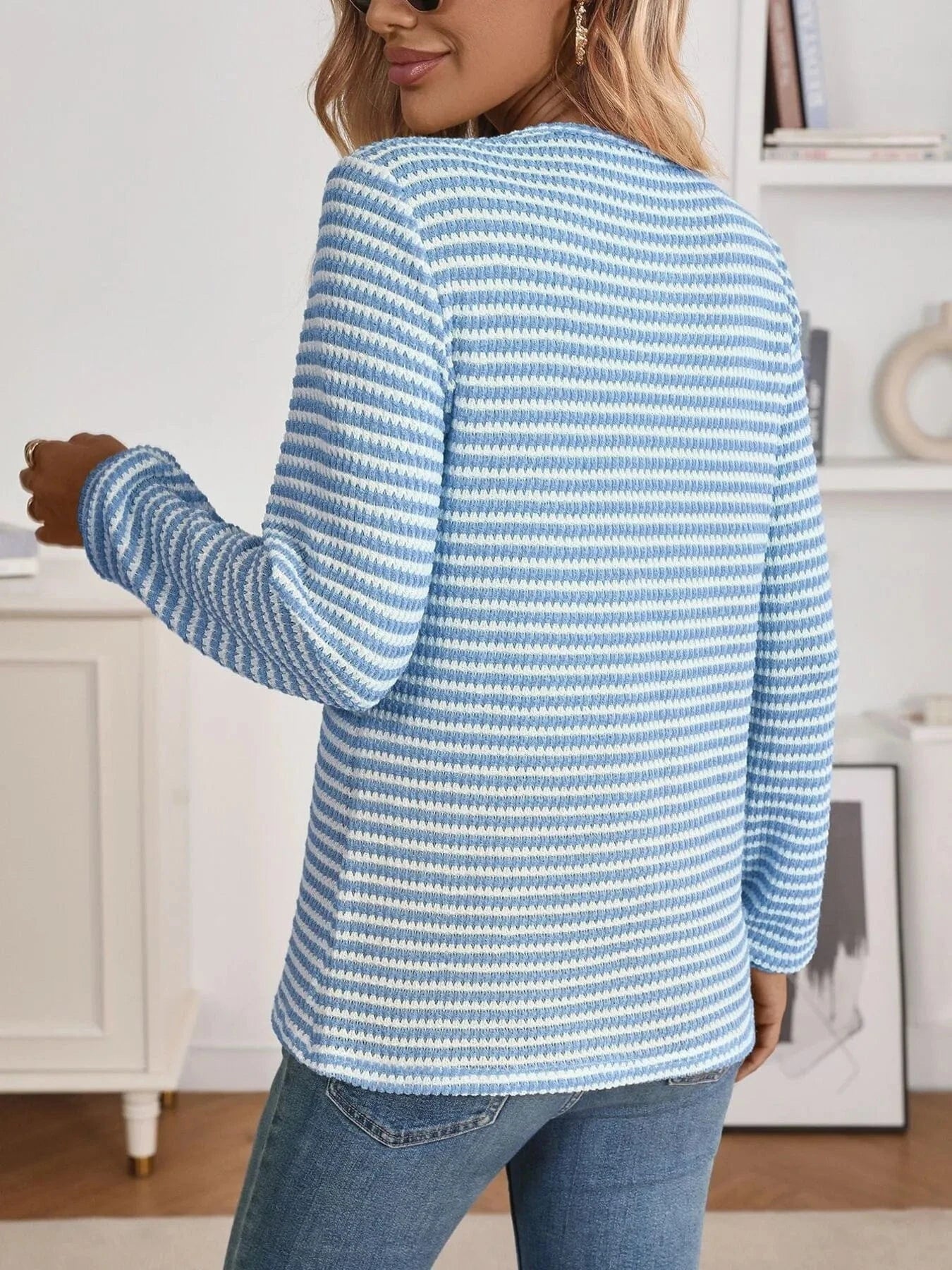 Striped Button Detail Long Sleeve Top - ShalayeFashion