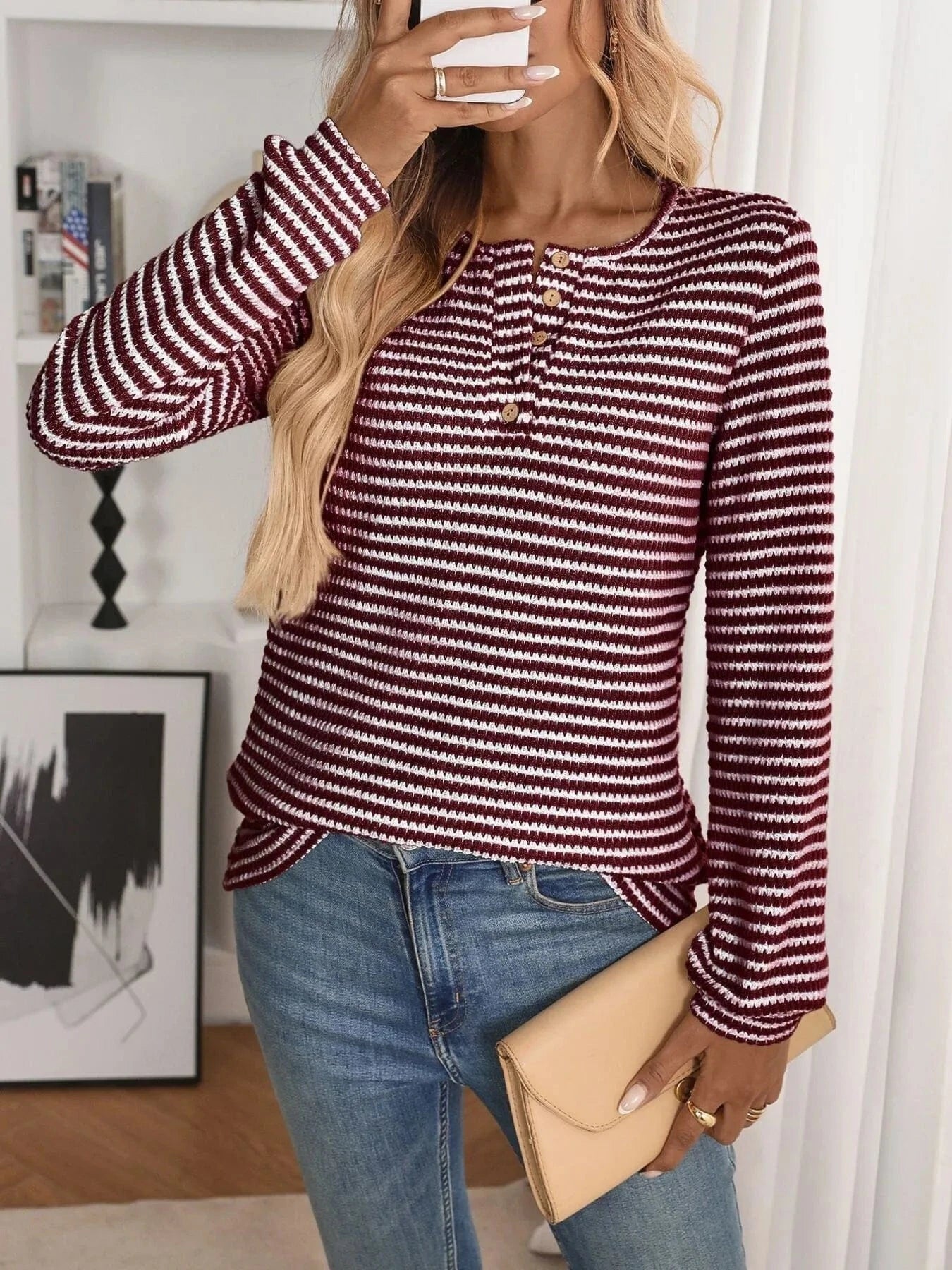 Striped Button Detail Long Sleeve Top - ShalayeFashion