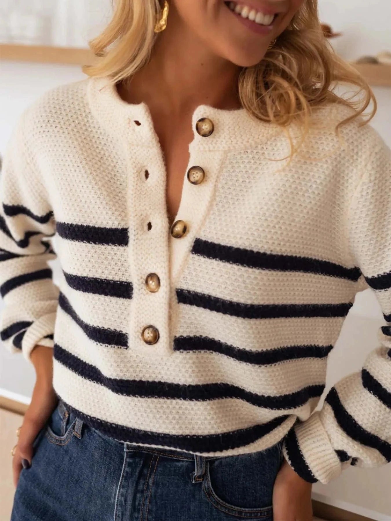 Striped Button - Front Sweater - ShalayeFashion