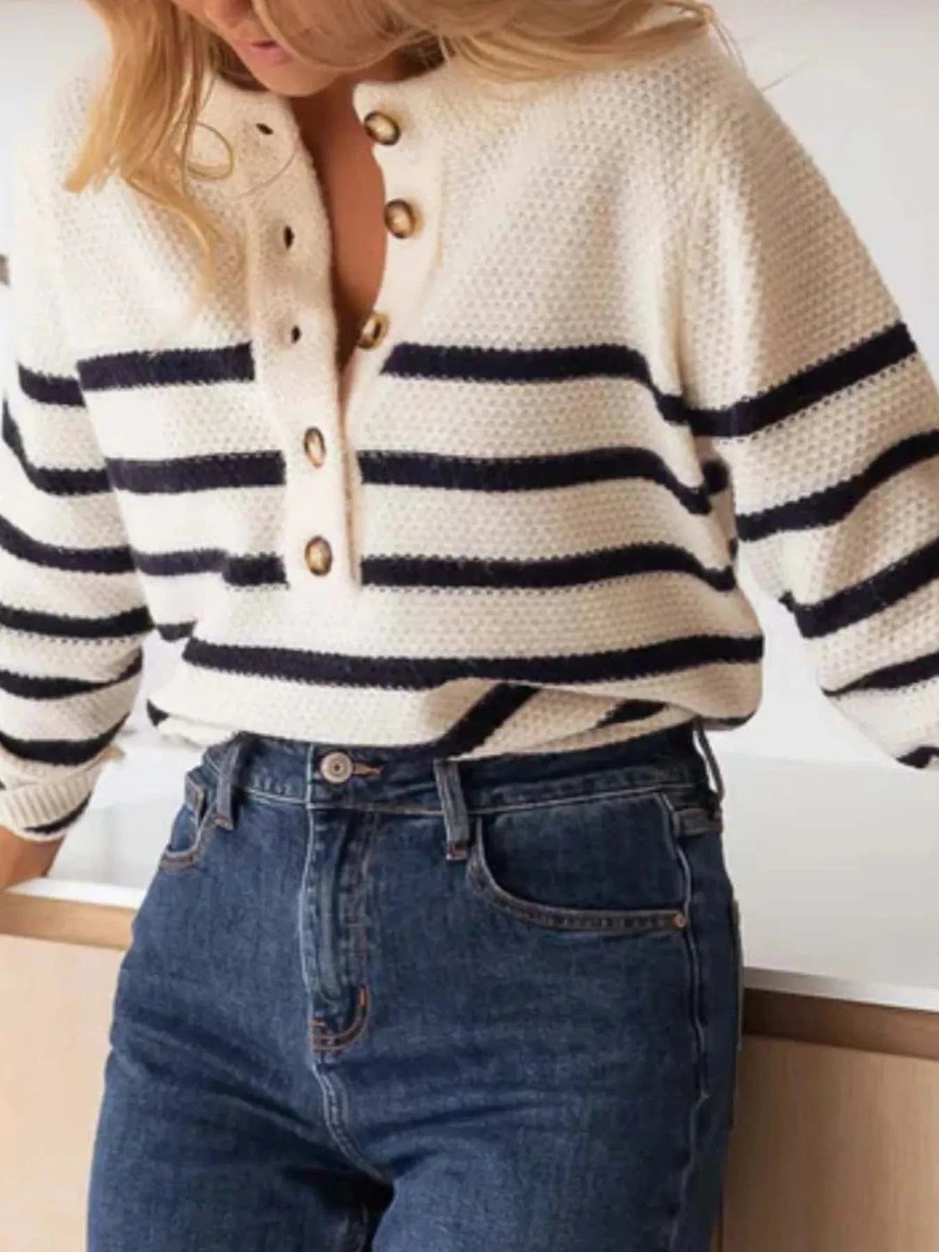 Striped Button - Front Sweater - ShalayeFashion