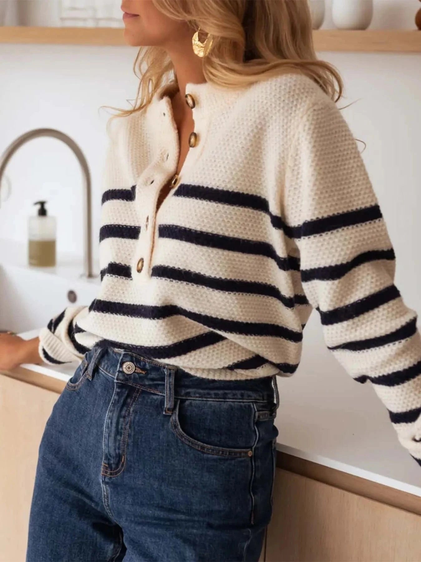 Striped Button - Front Sweater - ShalayeFashion