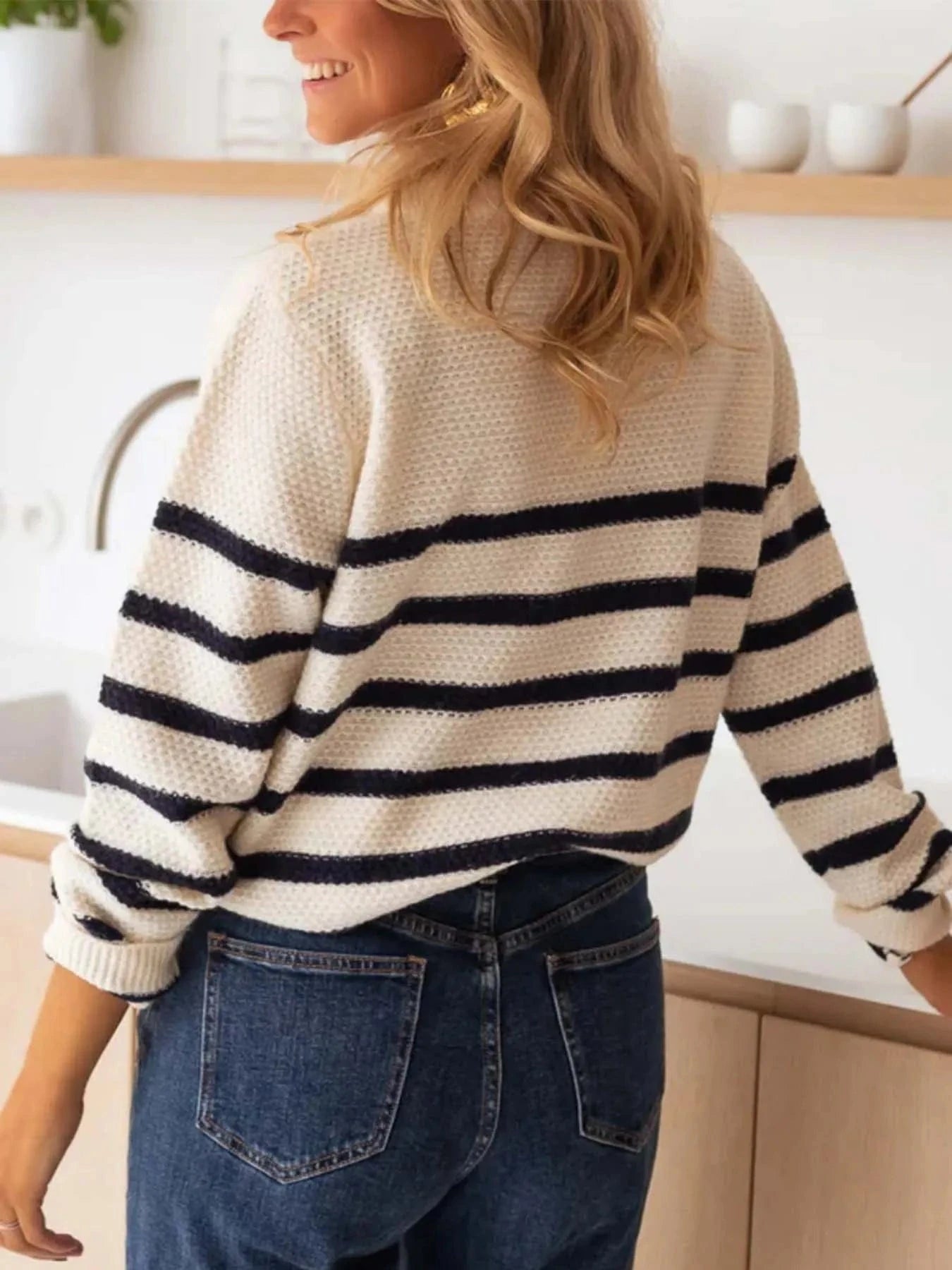 Striped Button - Front Sweater - ShalayeFashion